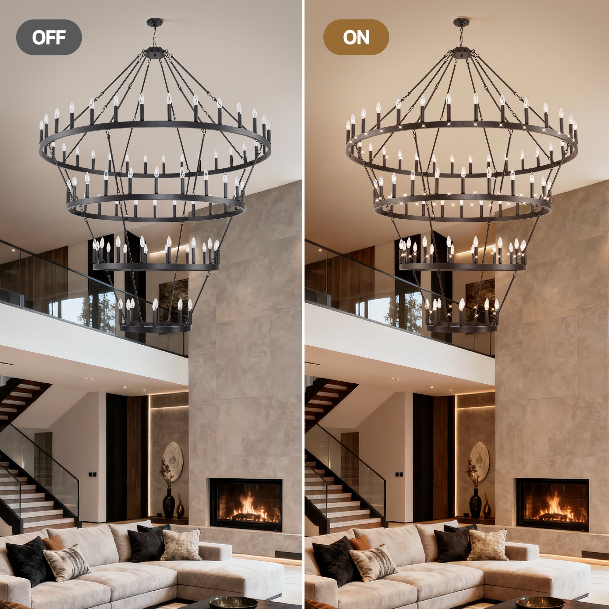 Jandcase 70.87in. 4-Tier Black Wagon Wheel Chandelier 60-Light E12 Farmhouse Industrial 4-Story Light for High Ceiling Living Dining Room Foyer