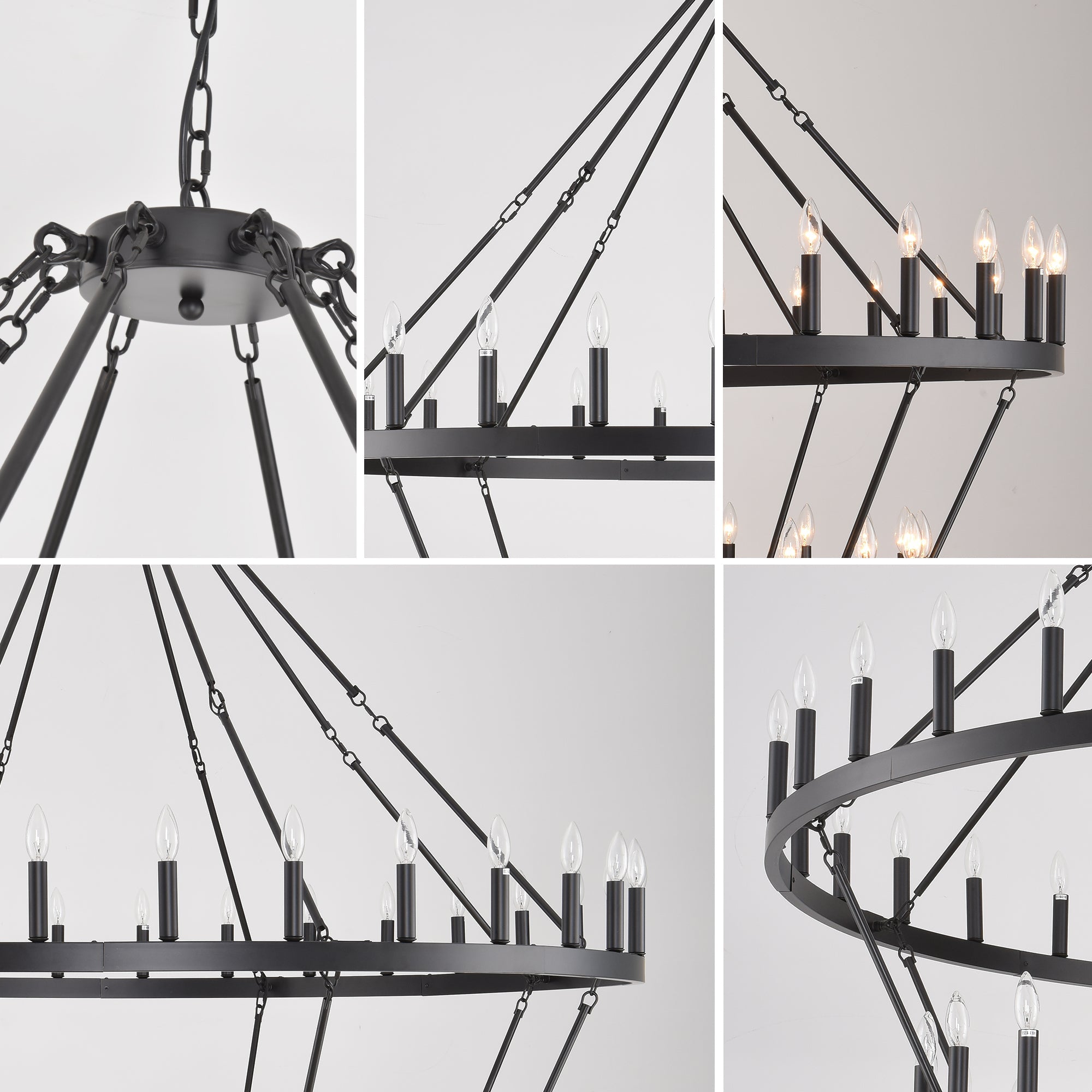 Jandcase 70.87in. 4-Tier Black Wagon Wheel Chandelier 60-Light E12 Farmhouse Industrial 4-Story Light for High Ceiling Living Dining Room Foyer