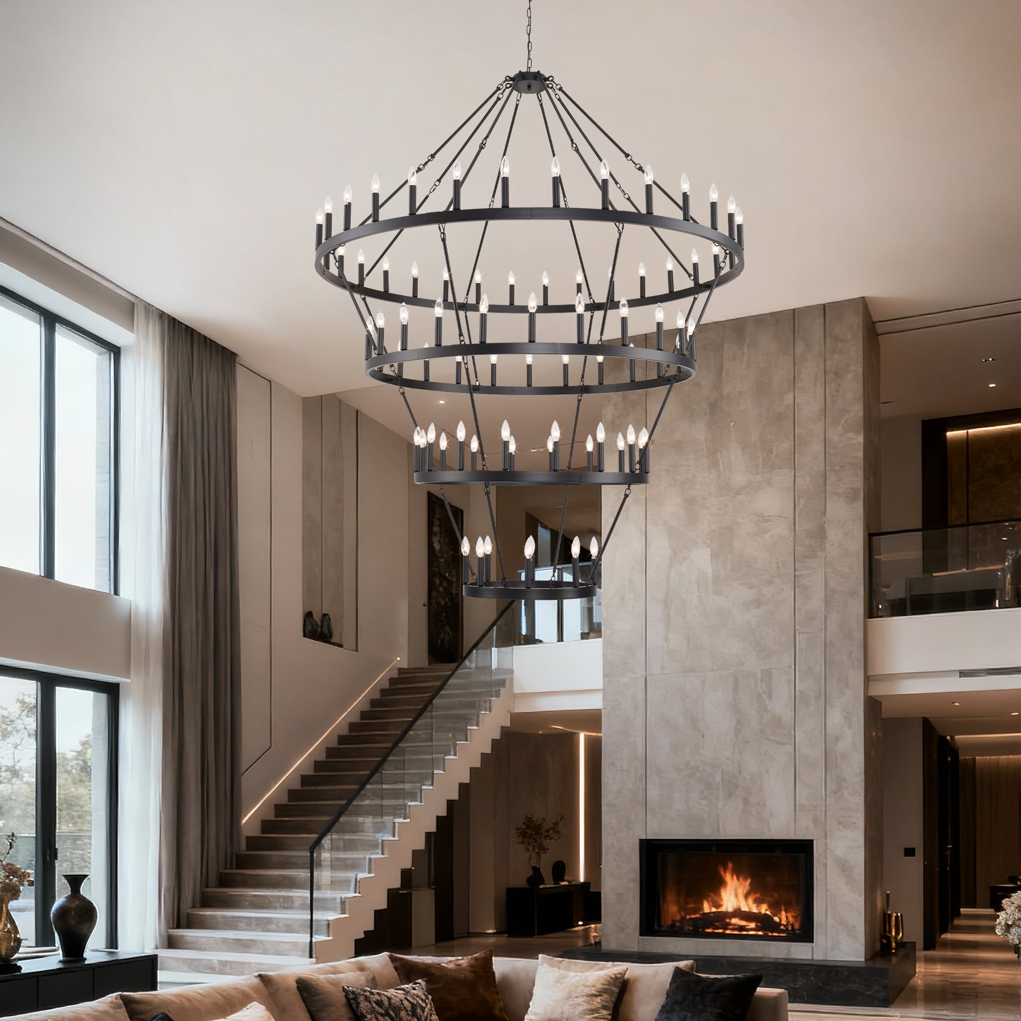 Jandcase 70.87in. 4-Tier Black Wagon Wheel Chandelier 60-Light E12 Farmhouse Industrial 4-Story Light for High Ceiling Living Dining Room Foyer