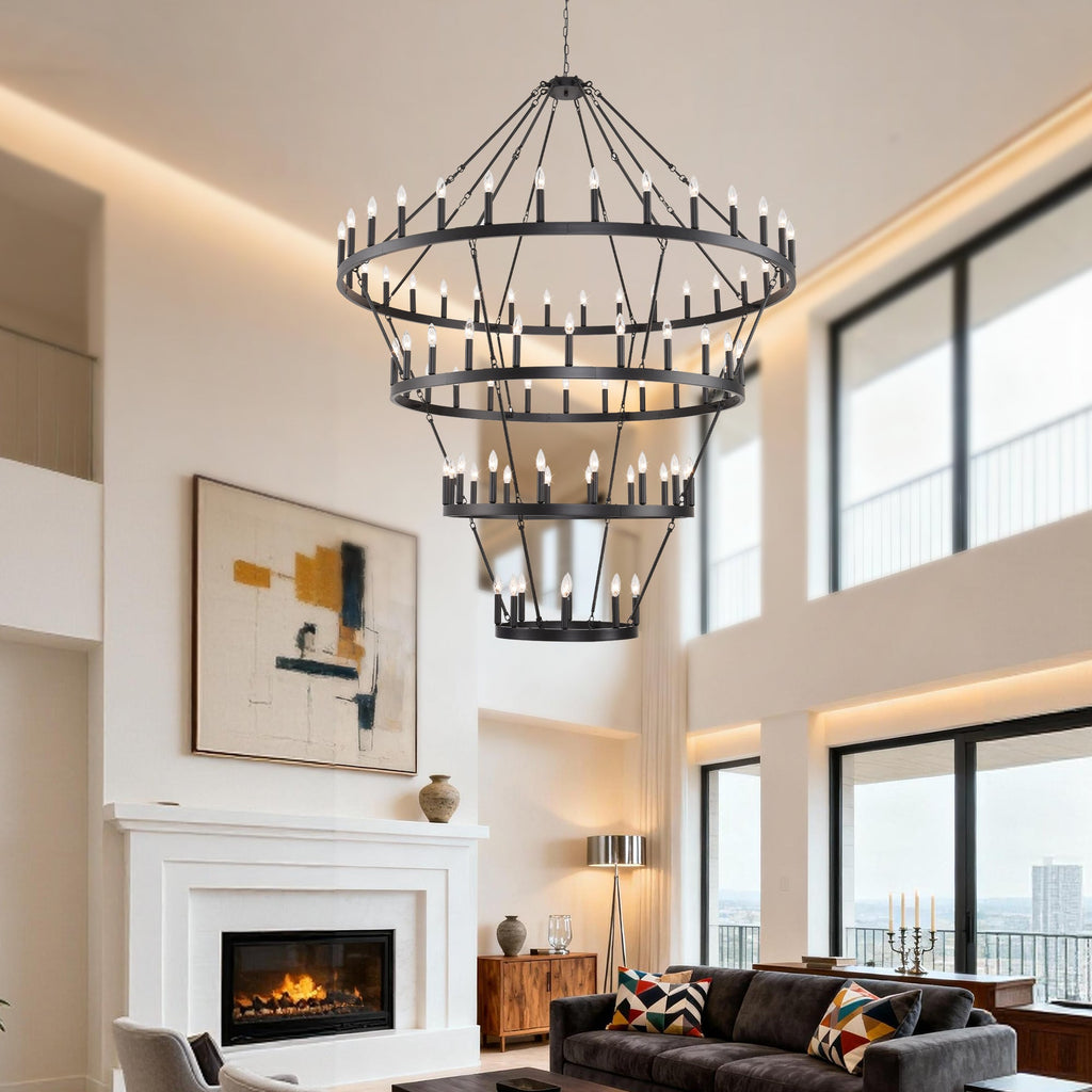 Jandcase 70.87in. 4-Tier Black Wagon Wheel Chandelier 60-Light E12 Farmhouse Industrial 4-Story Light for High Ceiling Living Dining Room Foyer
