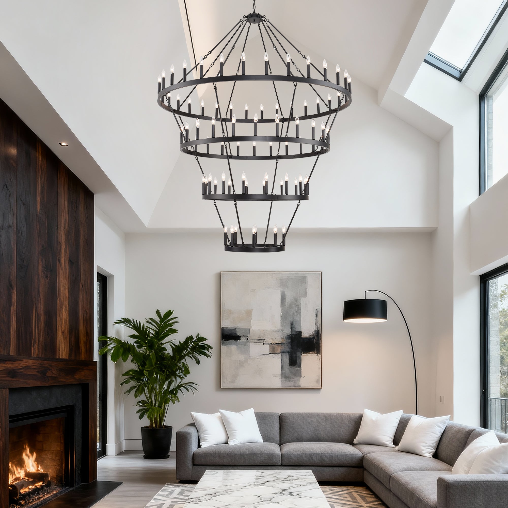 Jandcase 70.87in. 4-Tier Black Wagon Wheel Chandelier 60-Light E12 Farmhouse Industrial 4-Story Light for High Ceiling Living Dining Room Foyer