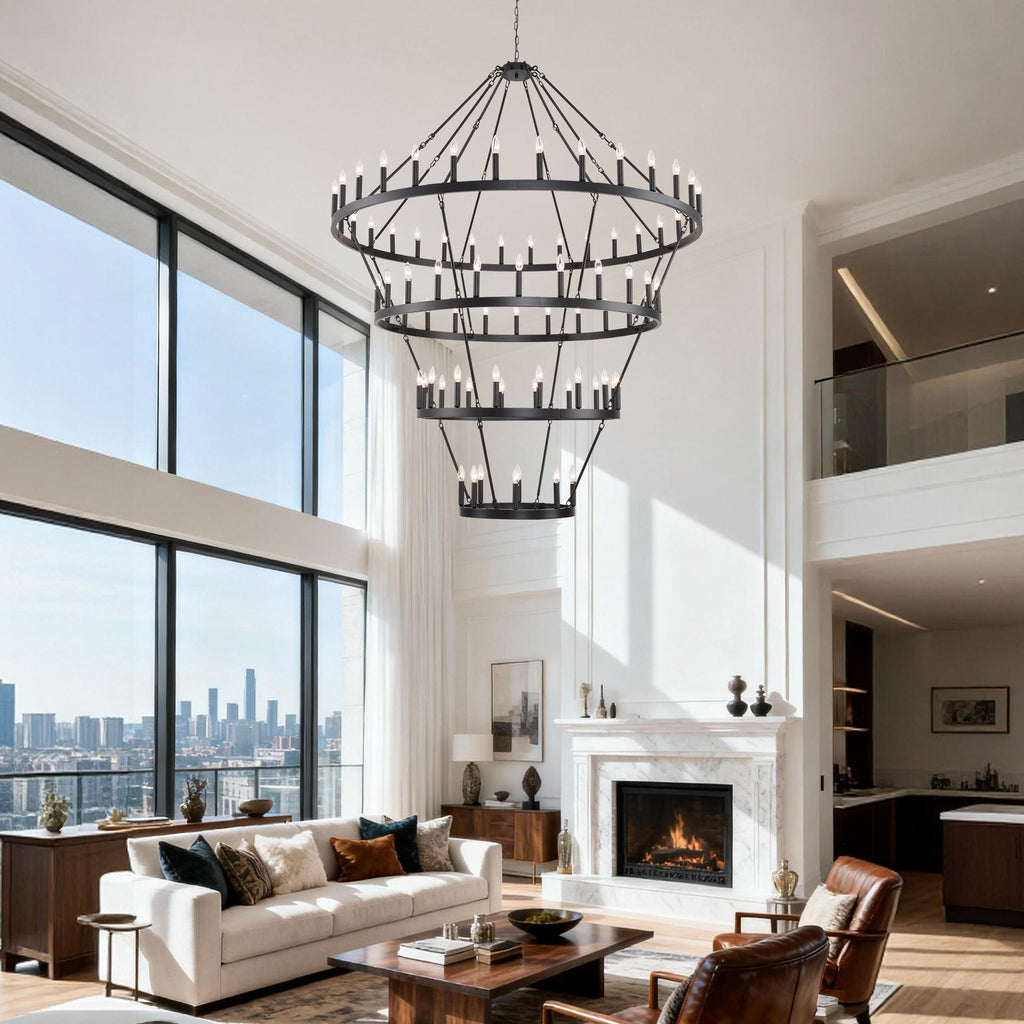 Jandcase 70.87in. 4-Tier Black Wagon Wheel Chandelier 60-Light E12 Farmhouse Industrial 4-Story Light for High Ceiling Living Dining Room Foyer