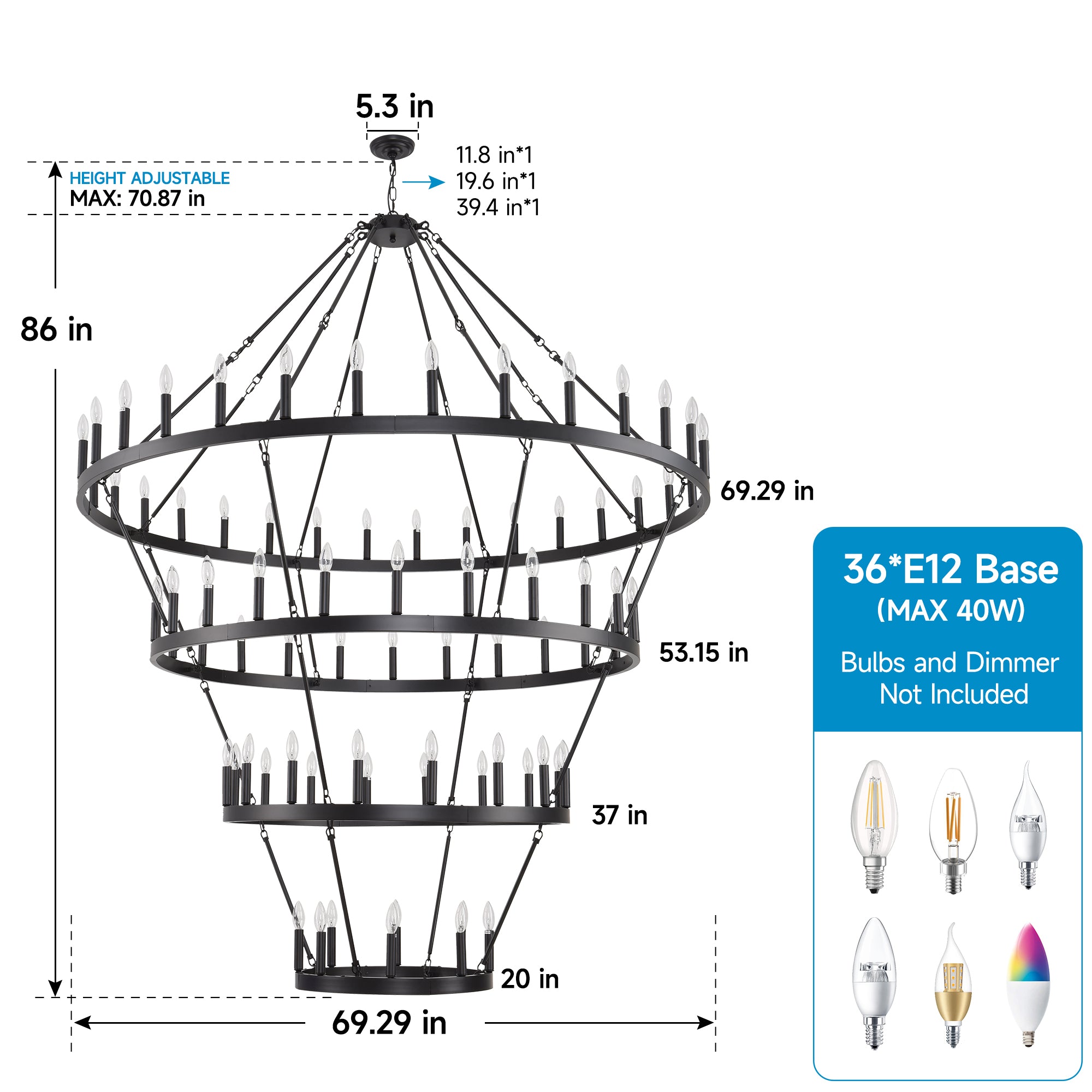 Jandcase 70.87in. 4-Tier Black Wagon Wheel Chandelier 60-Light E12 Farmhouse Industrial 4-Story Light for High Ceiling Living Dining Room Foyer