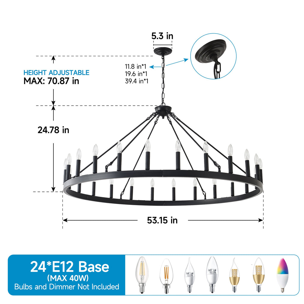 Jandcase 53" Farmhouse Wagon Wheel Chandelier, 30-Light Matte Black Ceiling Light, Adjustable Height, E12 Bulbs, Dining Room Fixture