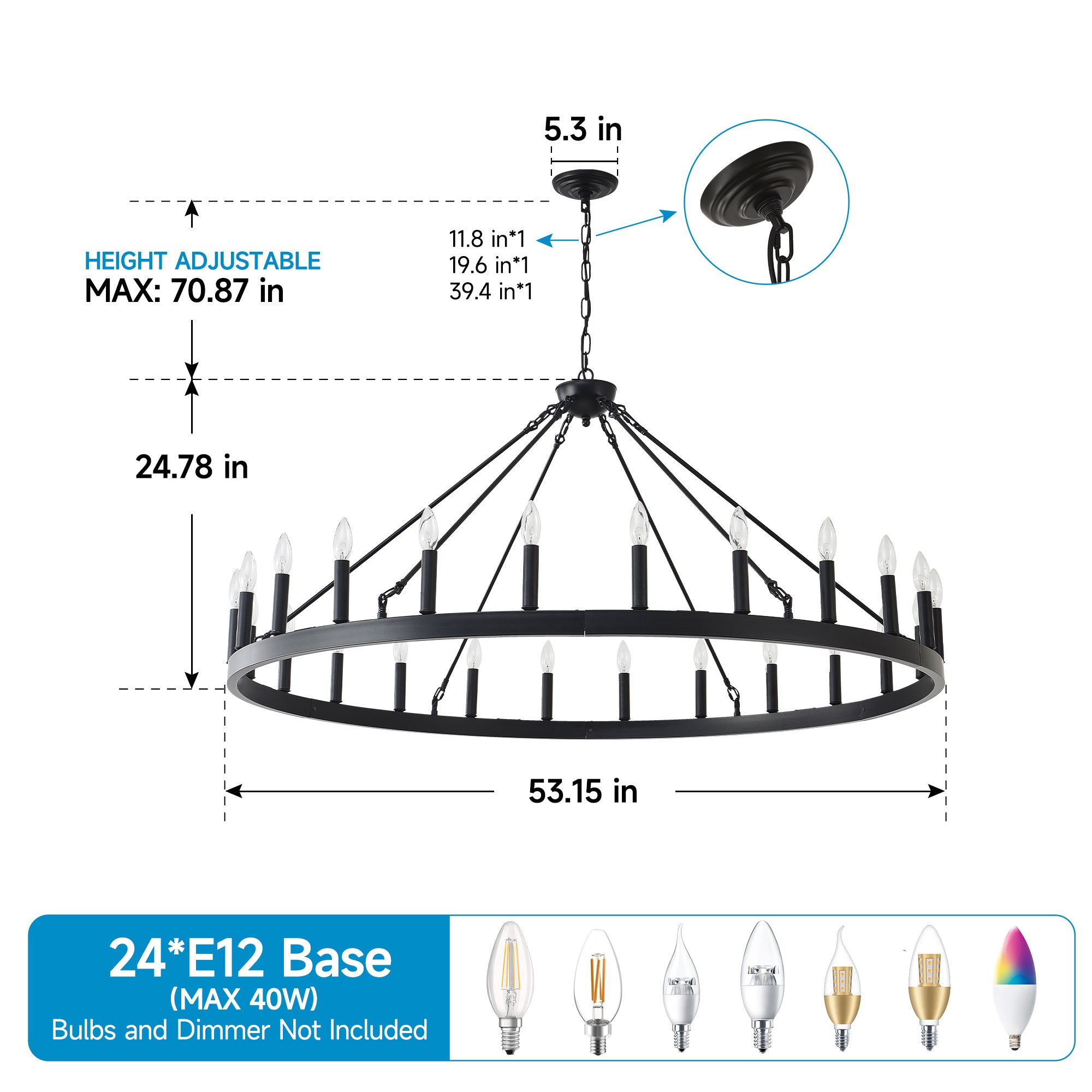 Jandcase 53" Farmhouse Wagon Wheel Chandelier, 30-Light Matte Black Ceiling Light, Adjustable Height, E12 Bulbs, Dining Room Fixture