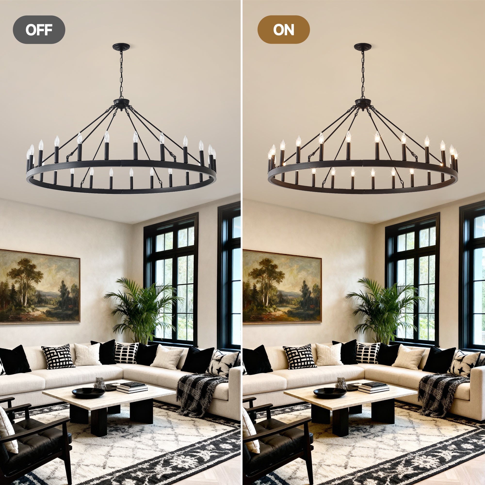 Jandcase 53" Farmhouse Wagon Wheel Chandelier, 30-Light Matte Black Ceiling Light, Adjustable Height, E12 Bulbs, Dining Room Fixture