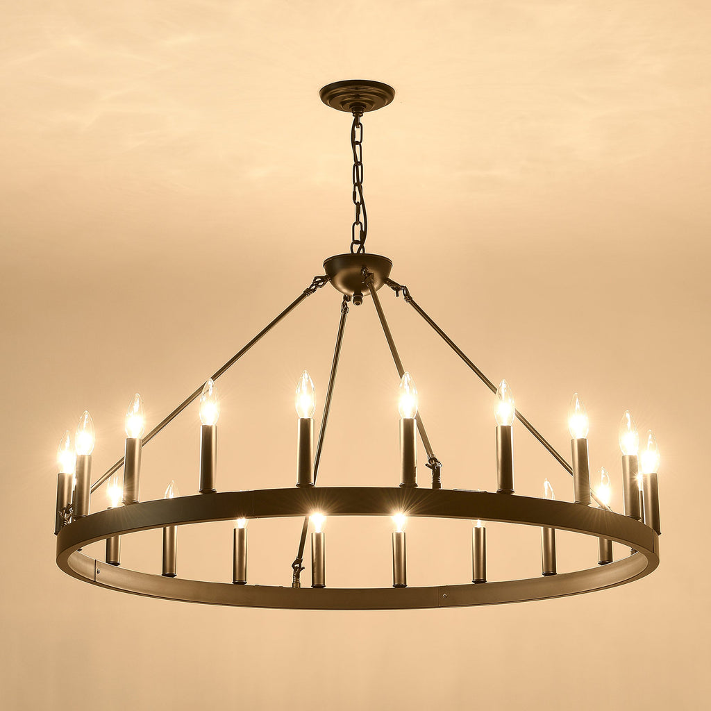 Jandcase 53" Farmhouse Wagon Wheel Chandelier, 30-Light Matte Black Ceiling Light, Adjustable Height, E12 Bulbs, Dining Room Fixture