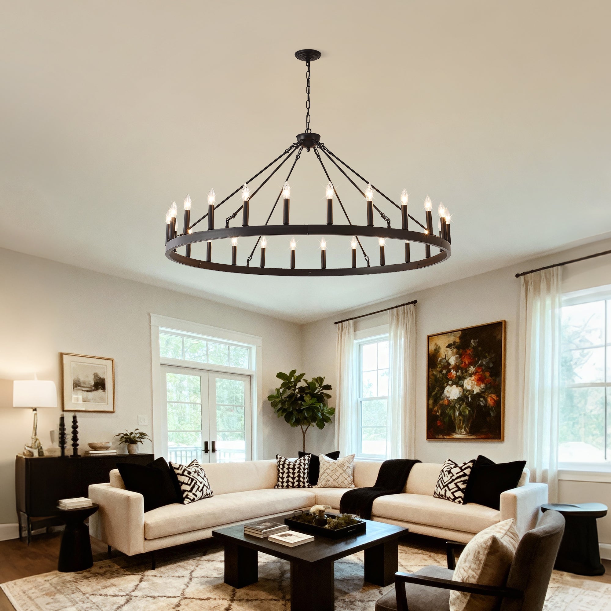 Jandcase 53" Farmhouse Wagon Wheel Chandelier, 30-Light Matte Black Ceiling Light, Adjustable Height, E12 Bulbs, Dining Room Fixture