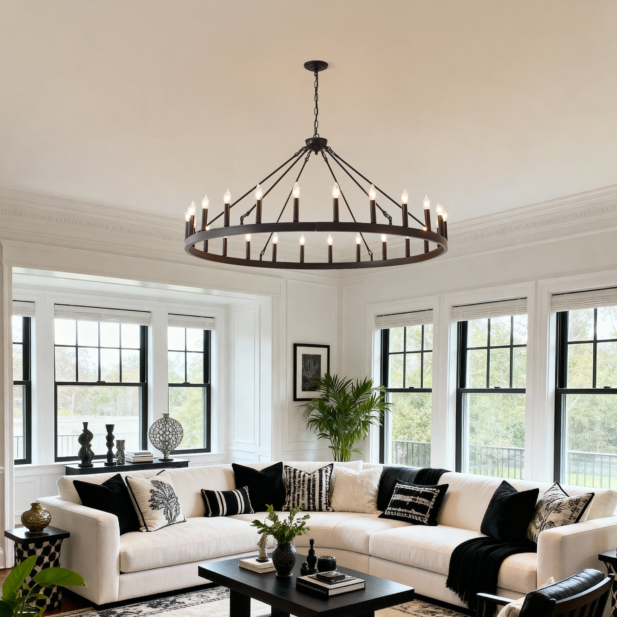 Jandcase 53" Farmhouse Wagon Wheel Chandelier, 30-Light Matte Black Ceiling Light, Adjustable Height, E12 Bulbs, Dining Room Fixture