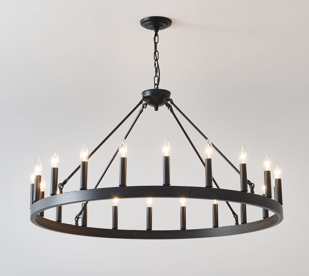 Jandcase 53" Farmhouse Wagon Wheel Chandelier, 30-Light Matte Black Ceiling Light, Adjustable Height, E12 Bulbs, Dining Room Fixture