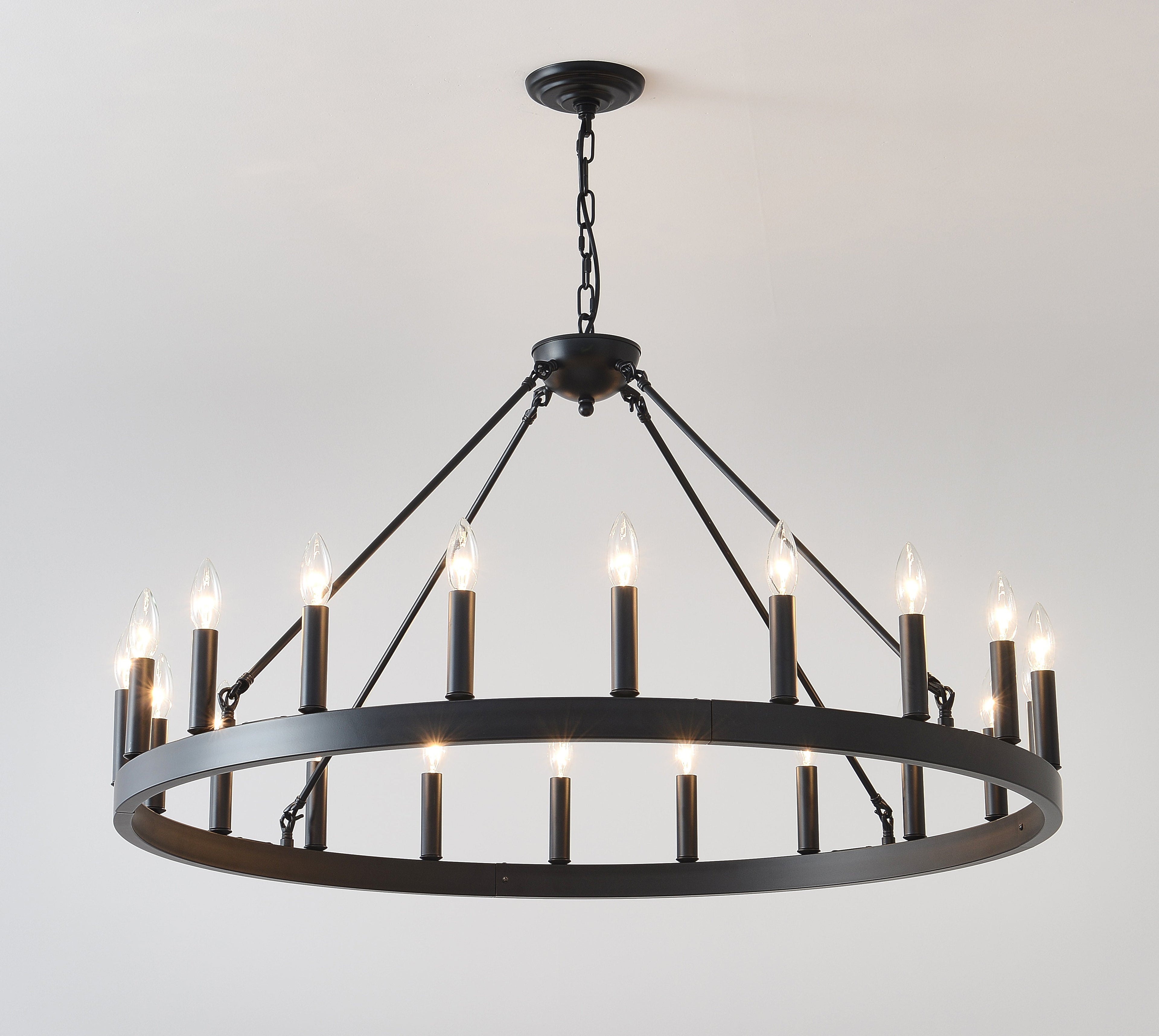 Jandcase 53" Farmhouse Wagon Wheel Chandelier, 30-Light Matte Black Ceiling Light, Adjustable Height, E12 Bulbs, Dining Room Fixture