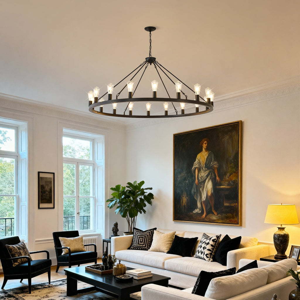 Jandcase 30-Light Large Wagon Wheel Chandelier, Black Farmhouse Ceiling Light with Adjustable Chain, E26 Bulbs, Ideal for Dining Room & Foyer