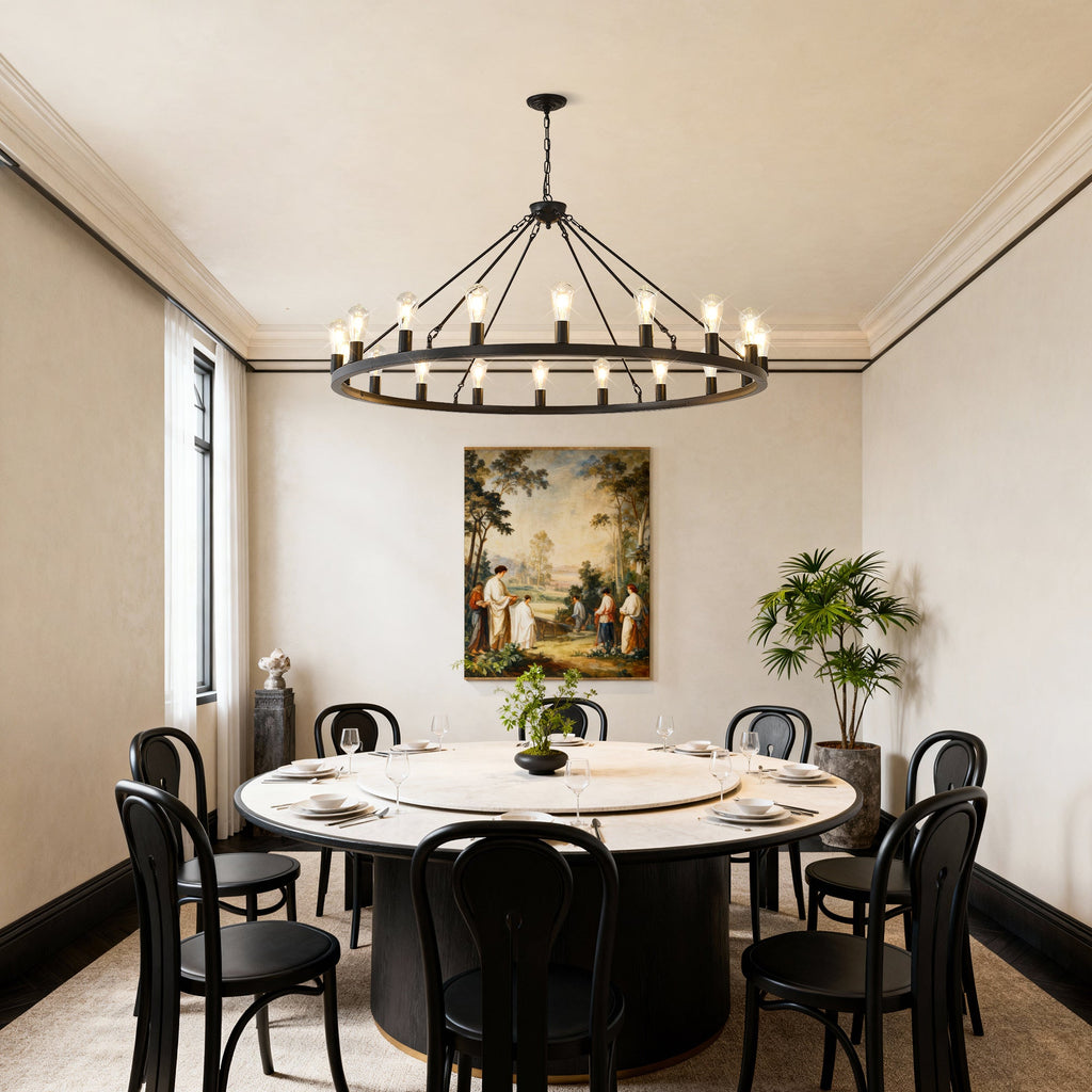 Jandcase 30-Light Large Wagon Wheel Chandelier, Black Farmhouse Ceiling Light with Adjustable Chain, E26 Bulbs, Ideal for Dining Room & Foyer