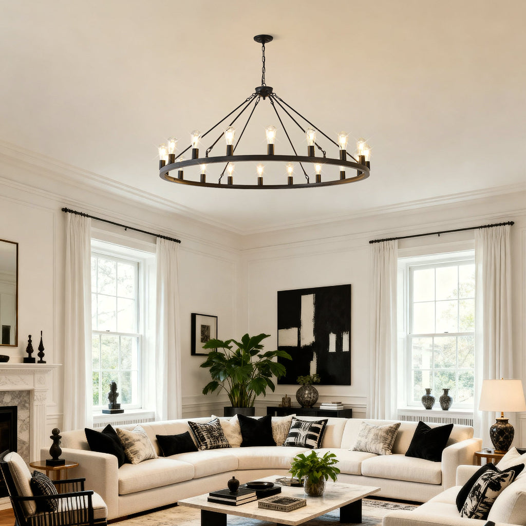 Jandcase 30-Light Large Wagon Wheel Chandelier, Black Farmhouse Ceiling Light with Adjustable Chain, E26 Bulbs, Ideal for Dining Room & Foyer