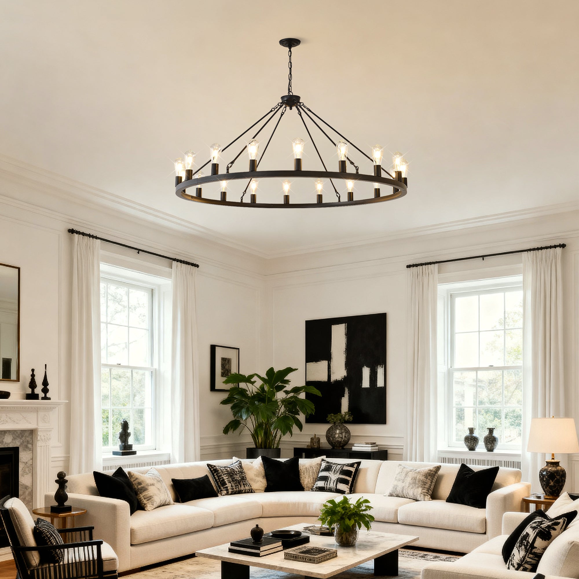 Jandcase 30-Light Large Wagon Wheel Chandelier, Black Farmhouse Ceiling Light with Adjustable Chain, E26 Bulbs, Ideal for Dining Room & Foyer