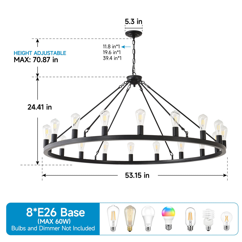 Jandcase 30-Light Large Wagon Wheel Chandelier, Black Farmhouse Ceiling Light with Adjustable Chain, E26 Bulbs, Ideal for Dining Room & Foyer