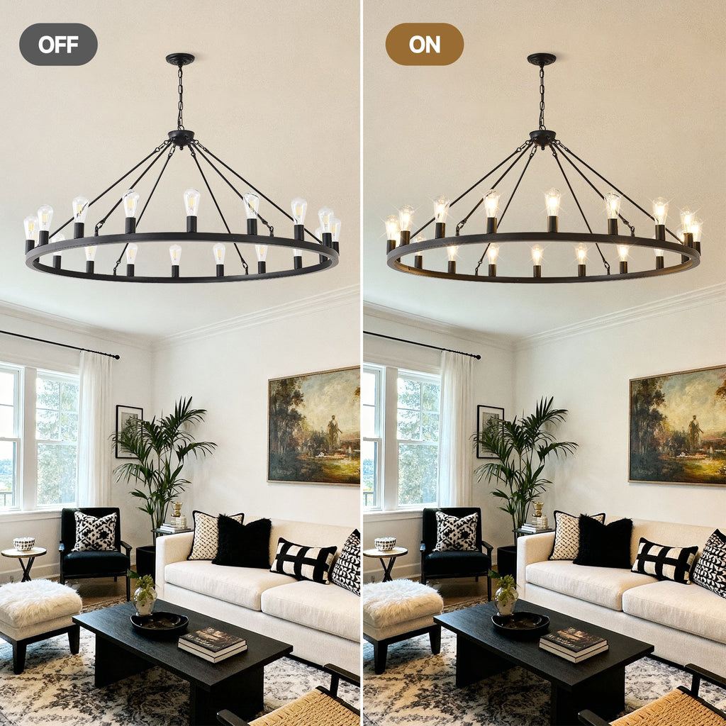 Jandcase 30-Light Large Wagon Wheel Chandelier, Black Farmhouse Ceiling Light with Adjustable Chain, E26 Bulbs, Ideal for Dining Room & Foyer