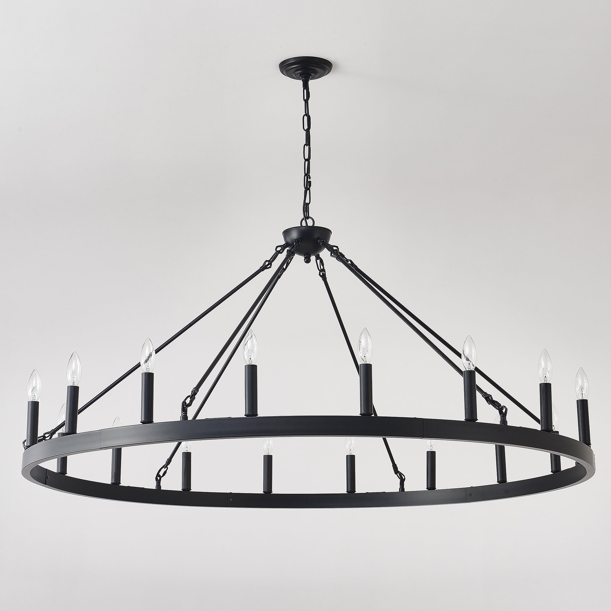 Jandcase 53in. Black Extra Large Wagon Wheel Chandelier 18-Light E12 Farmhouse Industrial Pendant Adjustable Chain for Dining Room Living Room