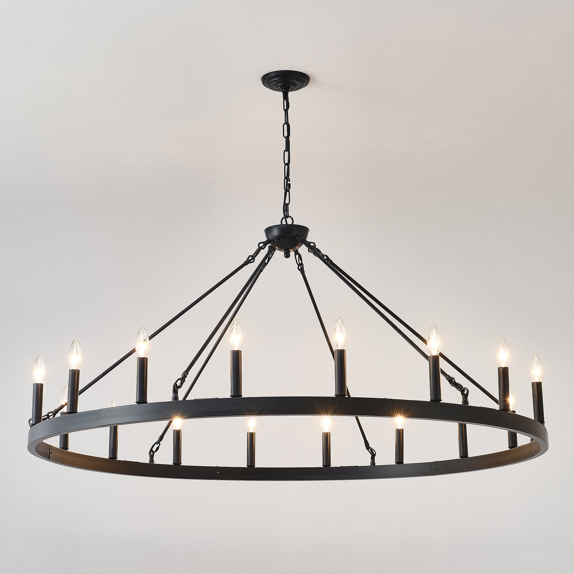 Jandcase 53in. Black Extra Large Wagon Wheel Chandelier 18-Light E12 Farmhouse Industrial Pendant Adjustable Chain for Dining Room Living Room