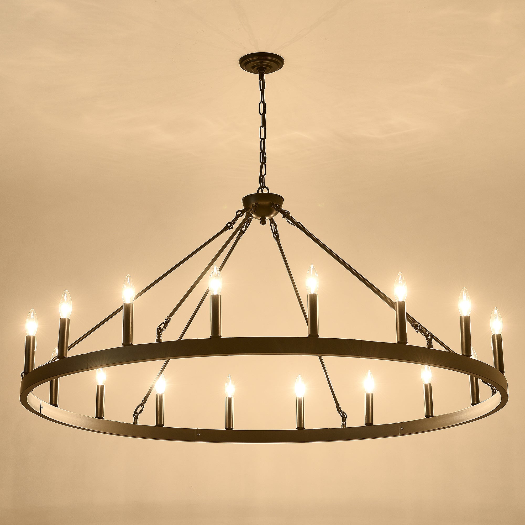 Jandcase 53in. Black Extra Large Wagon Wheel Chandelier 18-Light E12 Farmhouse Industrial Pendant Adjustable Chain for Dining Room Living Room