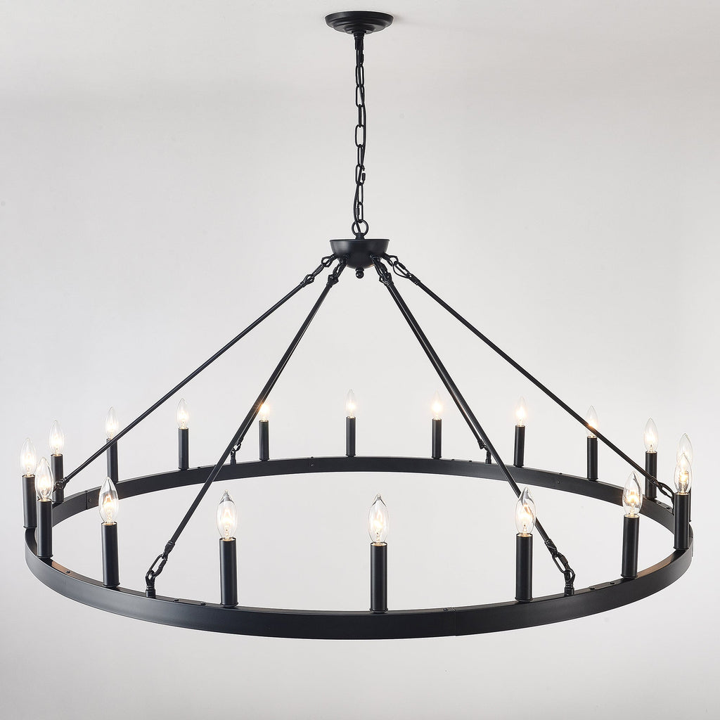 Jandcase 53in. Black Extra Large Wagon Wheel Chandelier 18-Light E12 Farmhouse Industrial Pendant Adjustable Chain for Dining Room Living Room