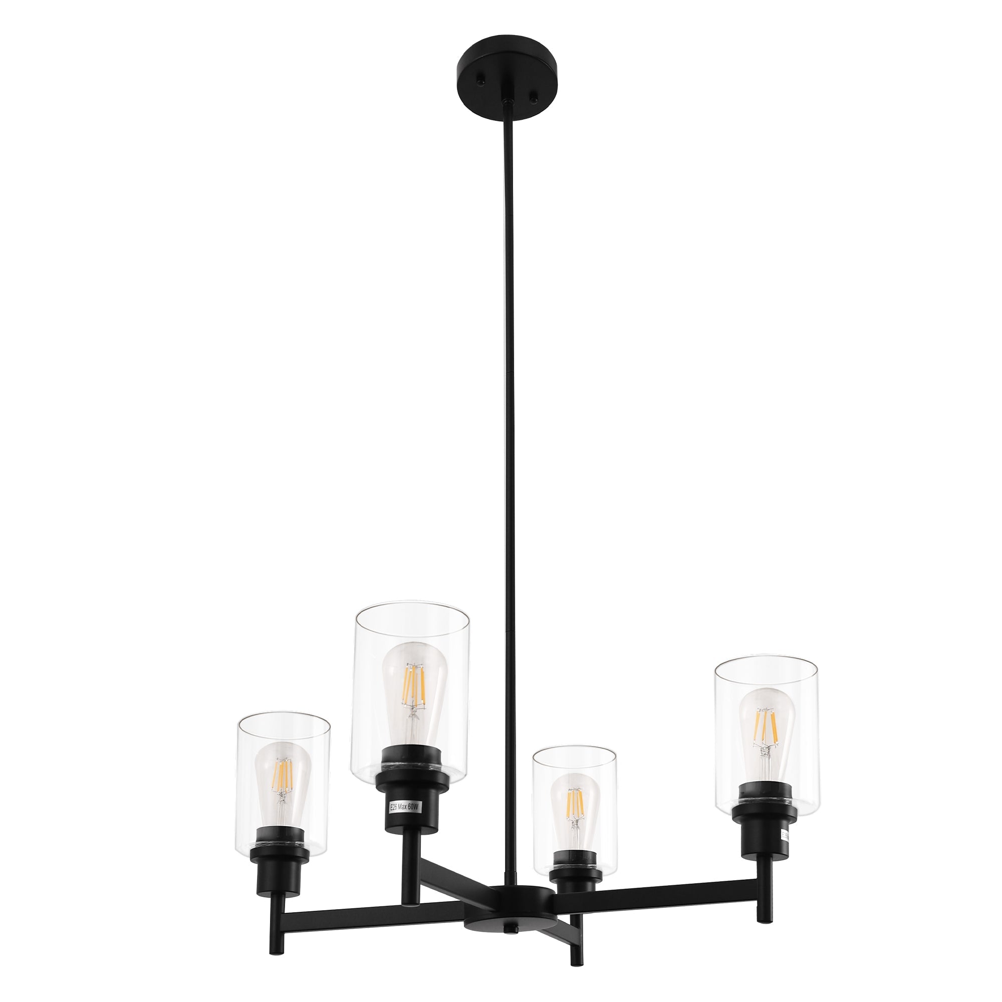 4-Light Matte Black Chandelier with Clear Glass Cylindrical Shades and Square Rod Candle Design E26 Base Light Fixture