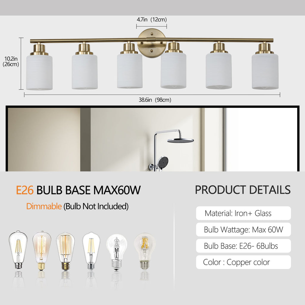 Jandcase Golden Modern Minimalist Bathroom Vanity Light, 6-Light Wall Sconce, Iron & Glass, E26 Base, Hard-Wired (Bulbs Not Included)