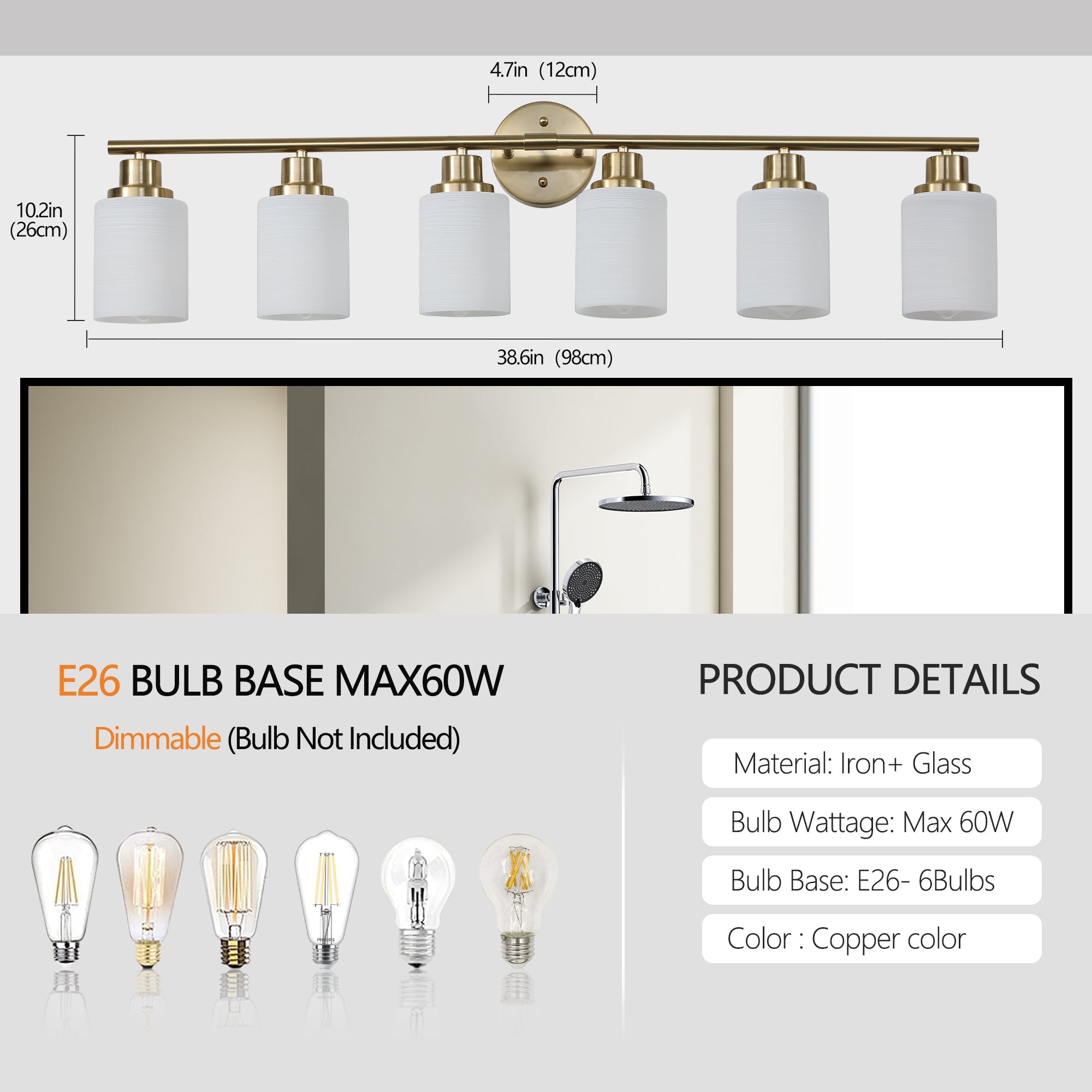 Jandcase Golden Modern Minimalist Bathroom Vanity Light, 6-Light Wall Sconce, Iron & Glass, E26 Base, Hard-Wired (Bulbs Not Included)