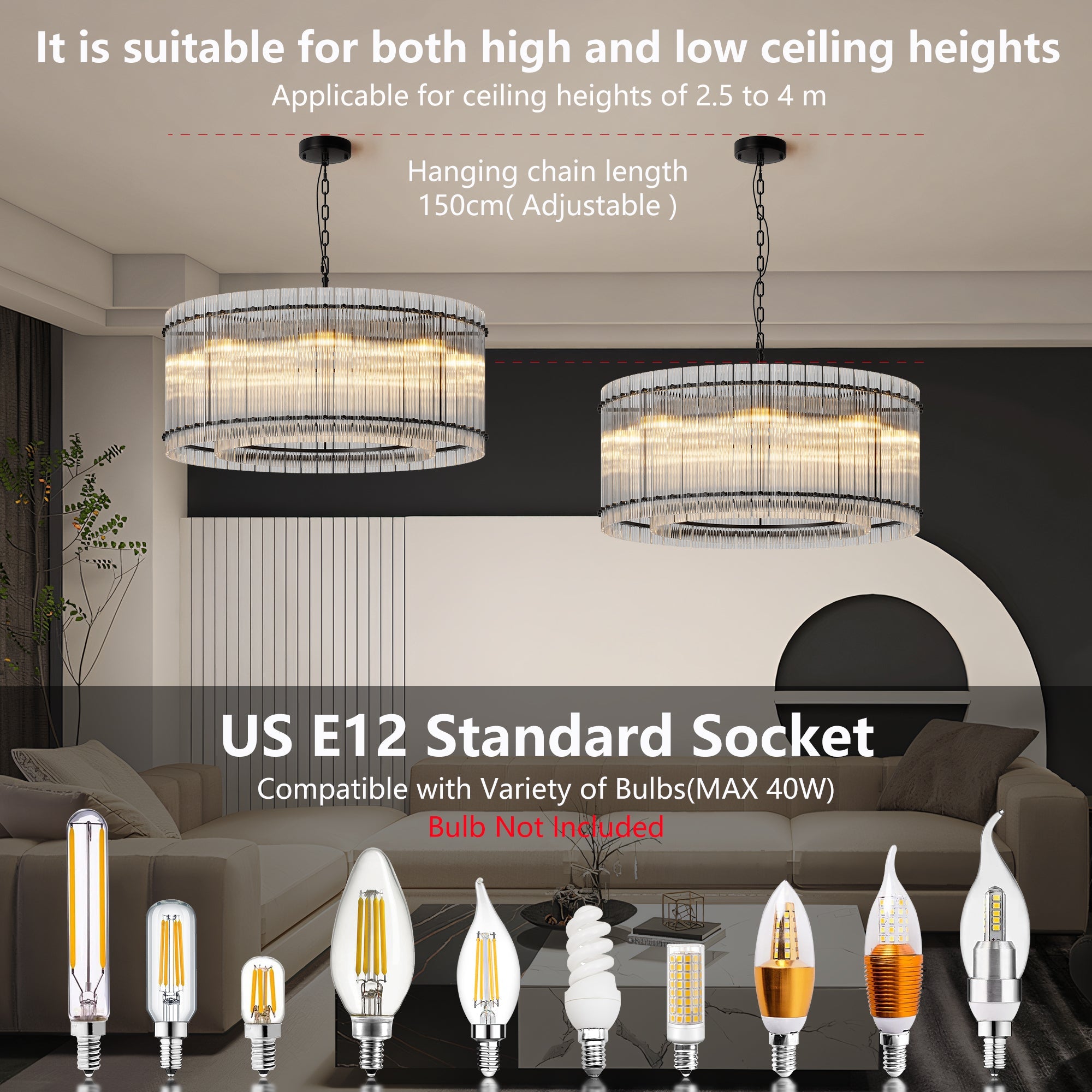 Jandcase 37in. Black 2-Tier 8-Light Water Ripple Crystal Chandelier Modern Ceiling Light for Dining Room Living Room Bedroom Foyer High Ceiling