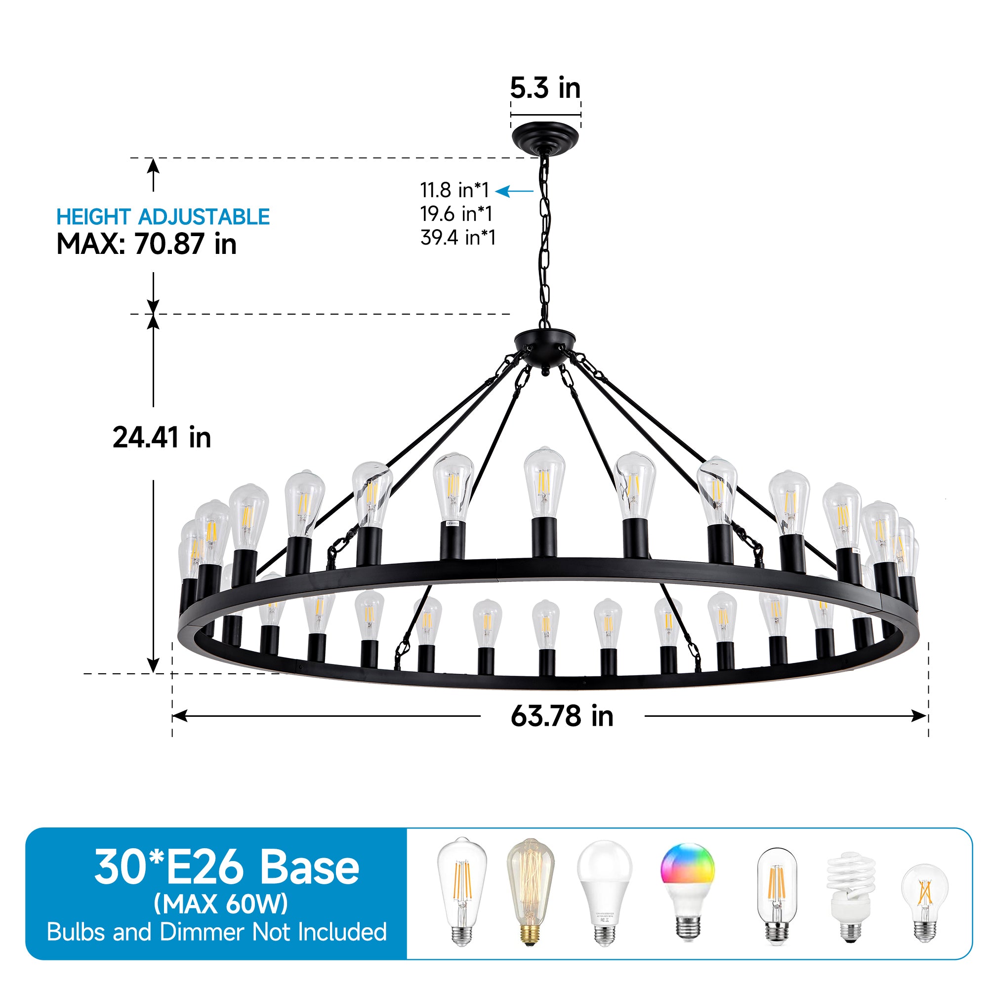 Jandcase 64in. Matte Black Wagon Wheel Chandelier 30-Light E26 Farmhouse Industrial Pendant Light for High Ceiling Dining Room (No Bulbs)