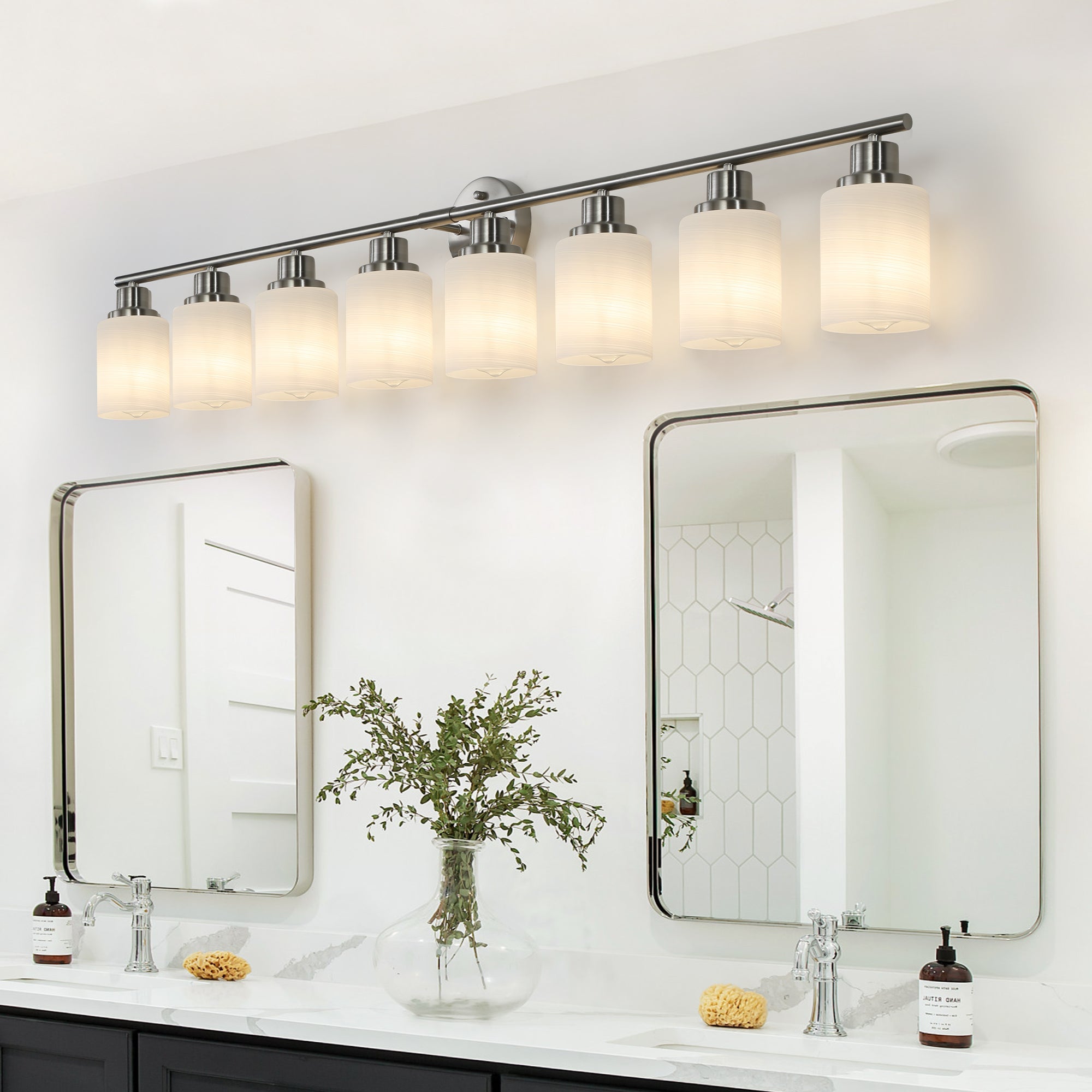 Jandcase Modern 8-Light Vanity Wall Sconce, Brushed Nickel Finish with Frosted Glass Shades for Bathroom or Hallway Lighting (No Bulbs)
