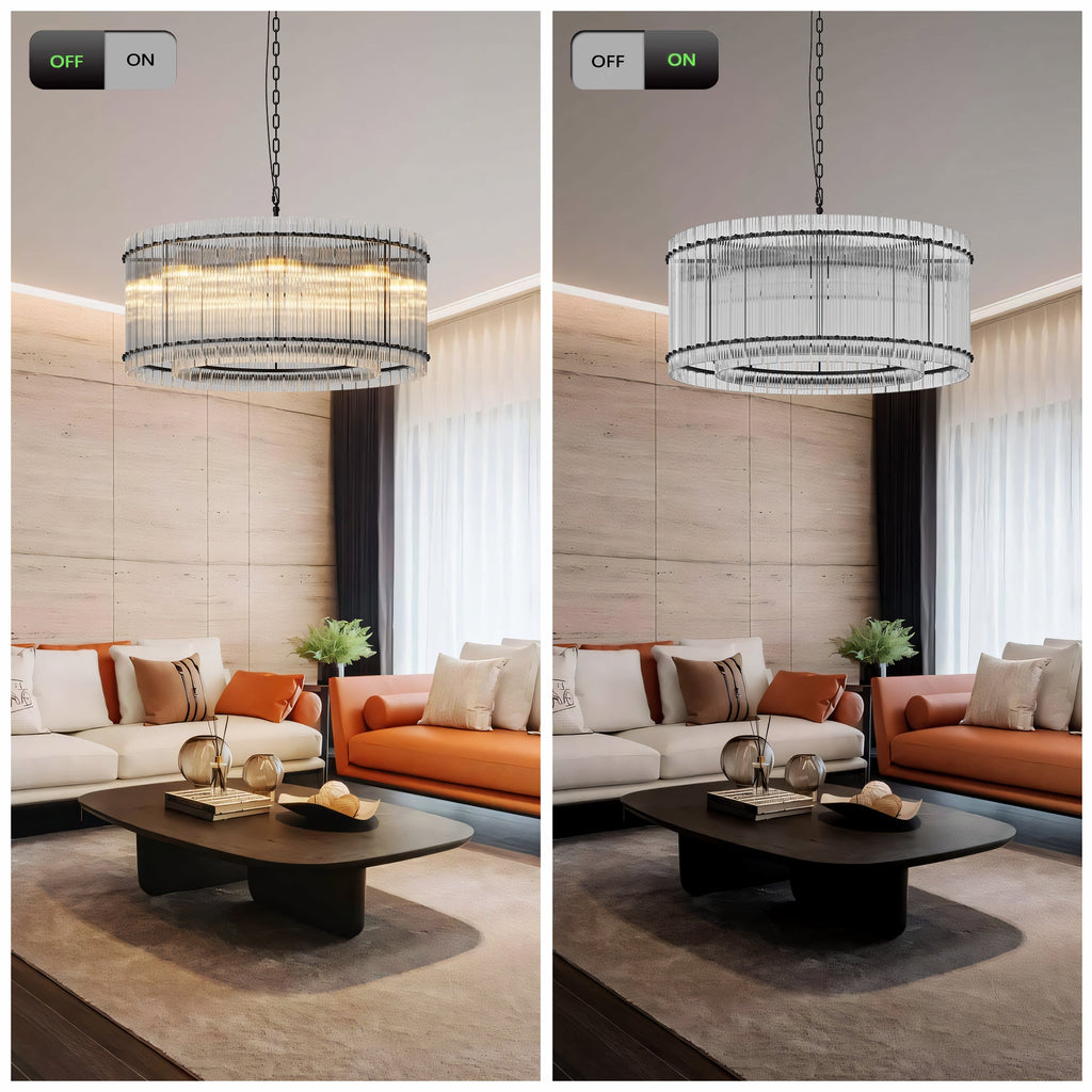 Jandcase 37in. Black 2-Tier 8-Light Water Ripple Crystal Chandelier Modern Ceiling Light for Dining Room Living Room Bedroom Foyer High Ceiling