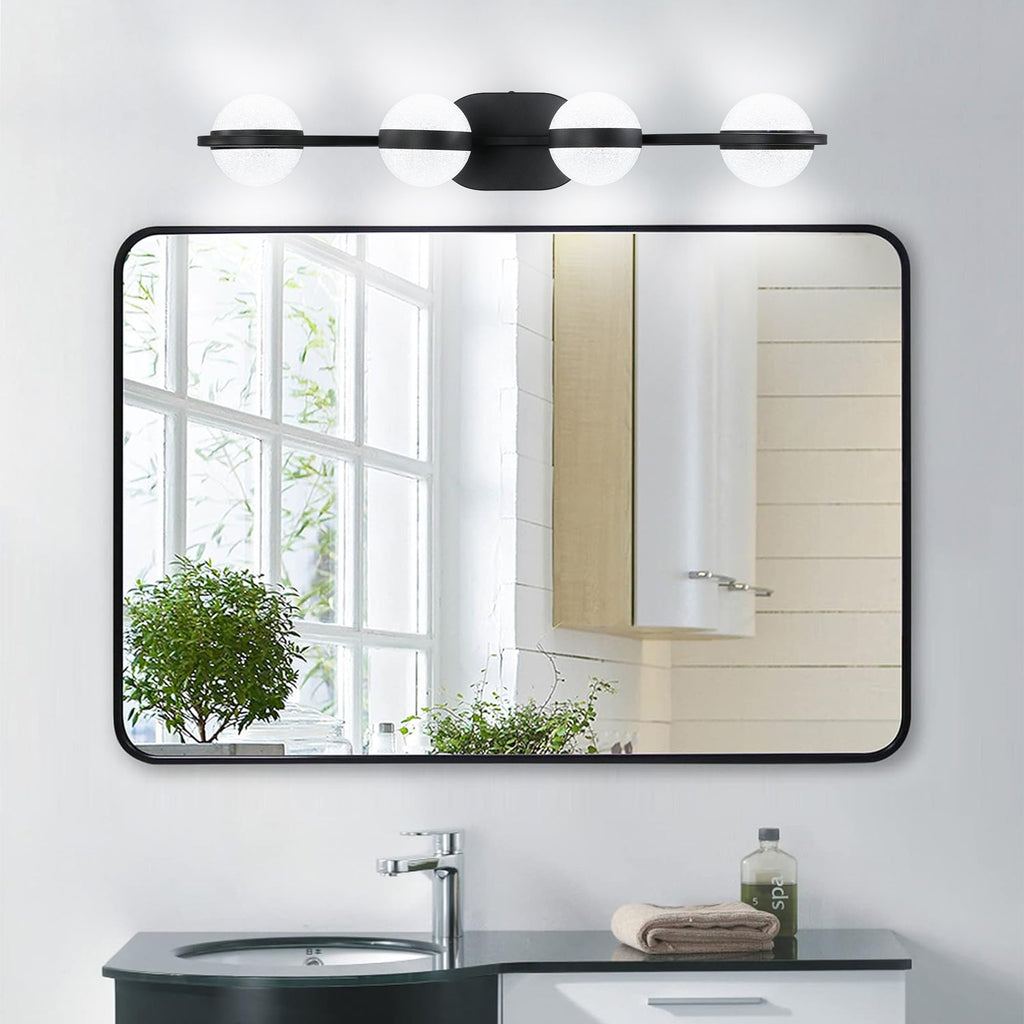 Jandcase 30"Black LED Bathroom Vanity Light with Crystal Sand Acrylic Shades, 4-Ligh Decorative WallLighting Fixturefor Bathroom Vanity Mirror