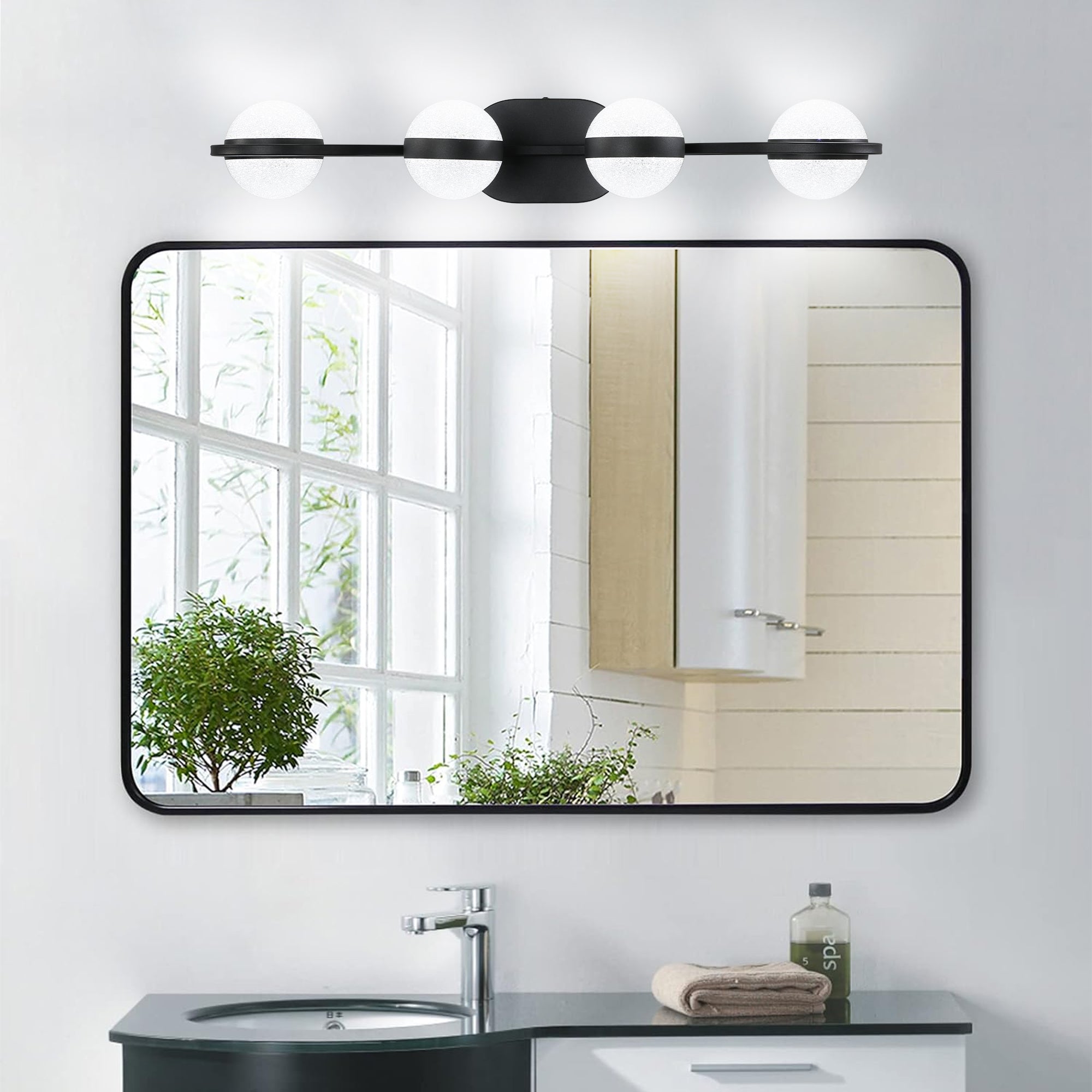 Jandcase 30"Black LED Bathroom Vanity Light with Crystal Sand Acrylic Shades, 4-Ligh Decorative WallLighting Fixturefor Bathroom Vanity Mirror