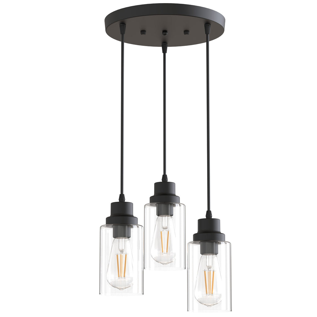 Jandcase 3-Light Black Chandelier Industrial Pendant Light Fixture with Clear Glass Shades for Kitchen and Dining Areas