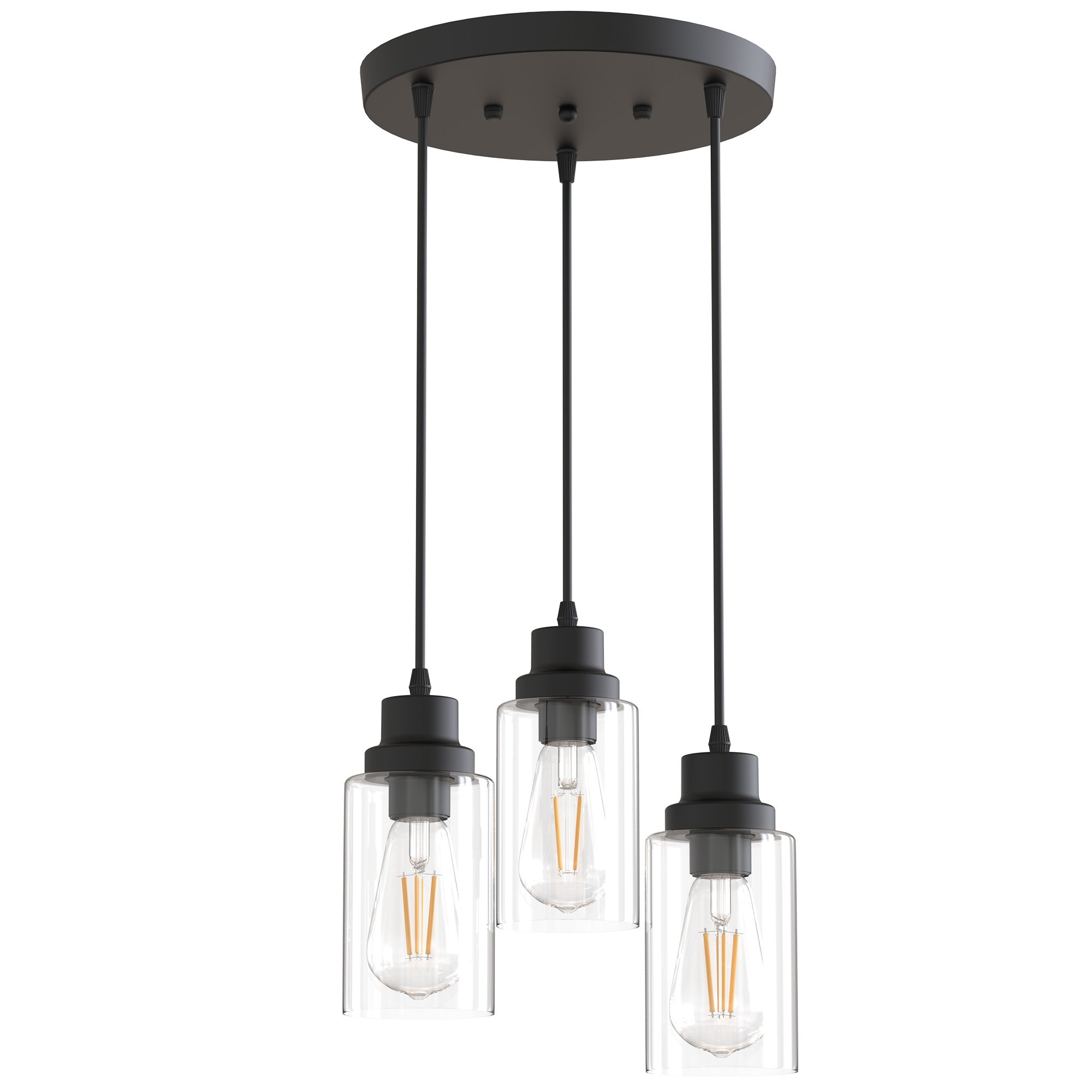 Jandcase 3-Light Black Chandelier Industrial Pendant Light Fixture with Clear Glass Shades for Kitchen and Dining Areas