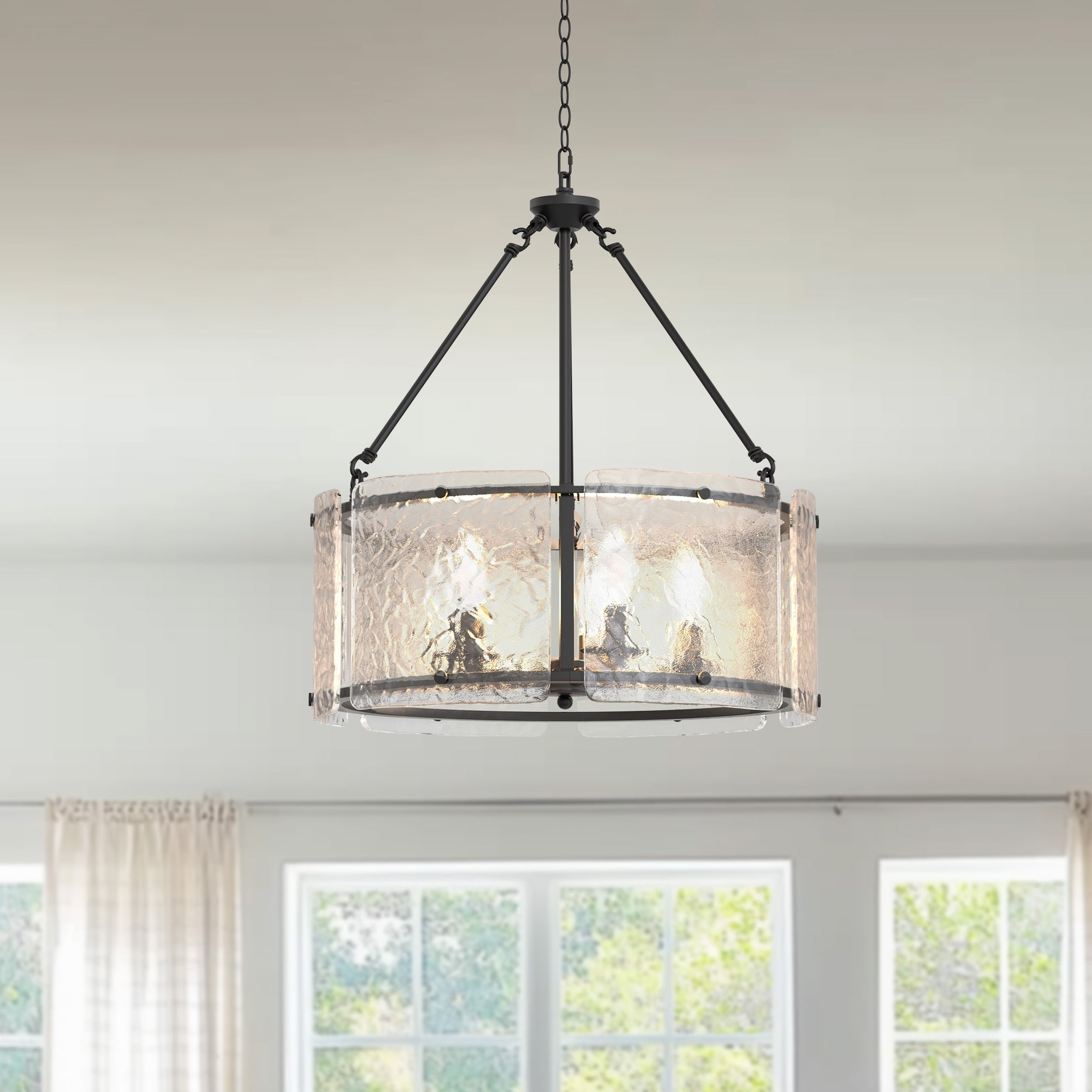 Jandcase 5-Light Black Drum Chandelier Pendant Light with Glass Shade and E12 Base for Dining Room, No Bulbs Included