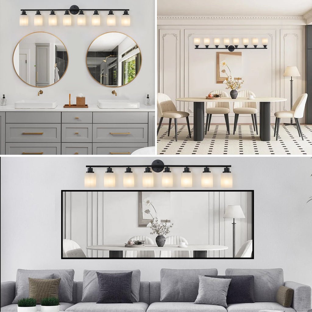 Jandcase Black & White Modern Bathroom Vanity Light, 8-Light Wall Sconce, Iron & Frosted Glass, E26 Base, Hard-Wired (Bulbs Not Included)