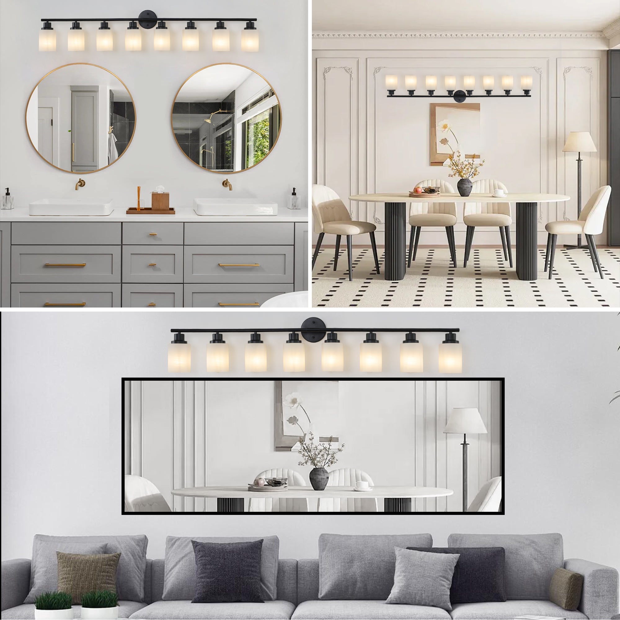 Jandcase Black & White Modern Bathroom Vanity Light, 8-Light Wall Sconce, Iron & Frosted Glass, E26 Base, Hard-Wired (Bulbs Not Included)