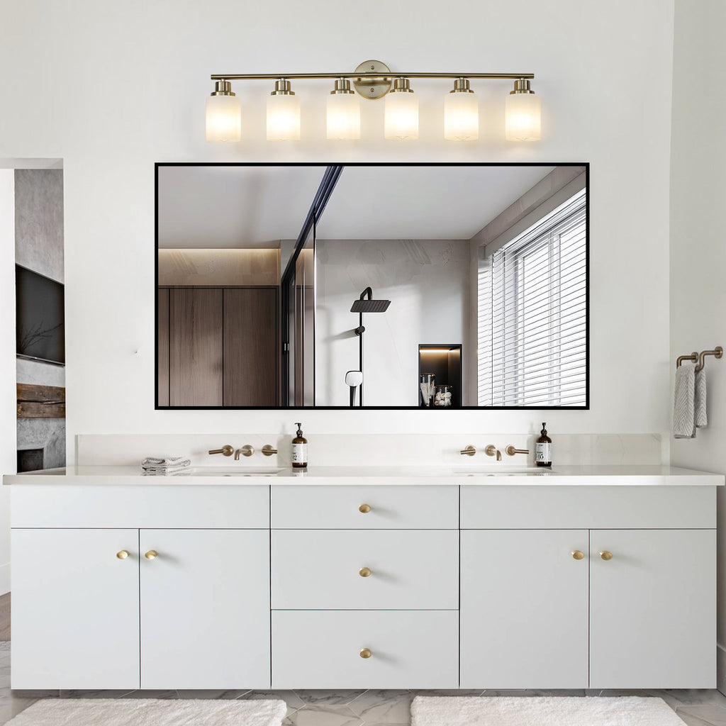 Jandcase Golden Modern Minimalist Bathroom Vanity Light, 6-Light Wall Sconce, Iron & Glass, E26 Base, Hard-Wired (Bulbs Not Included)