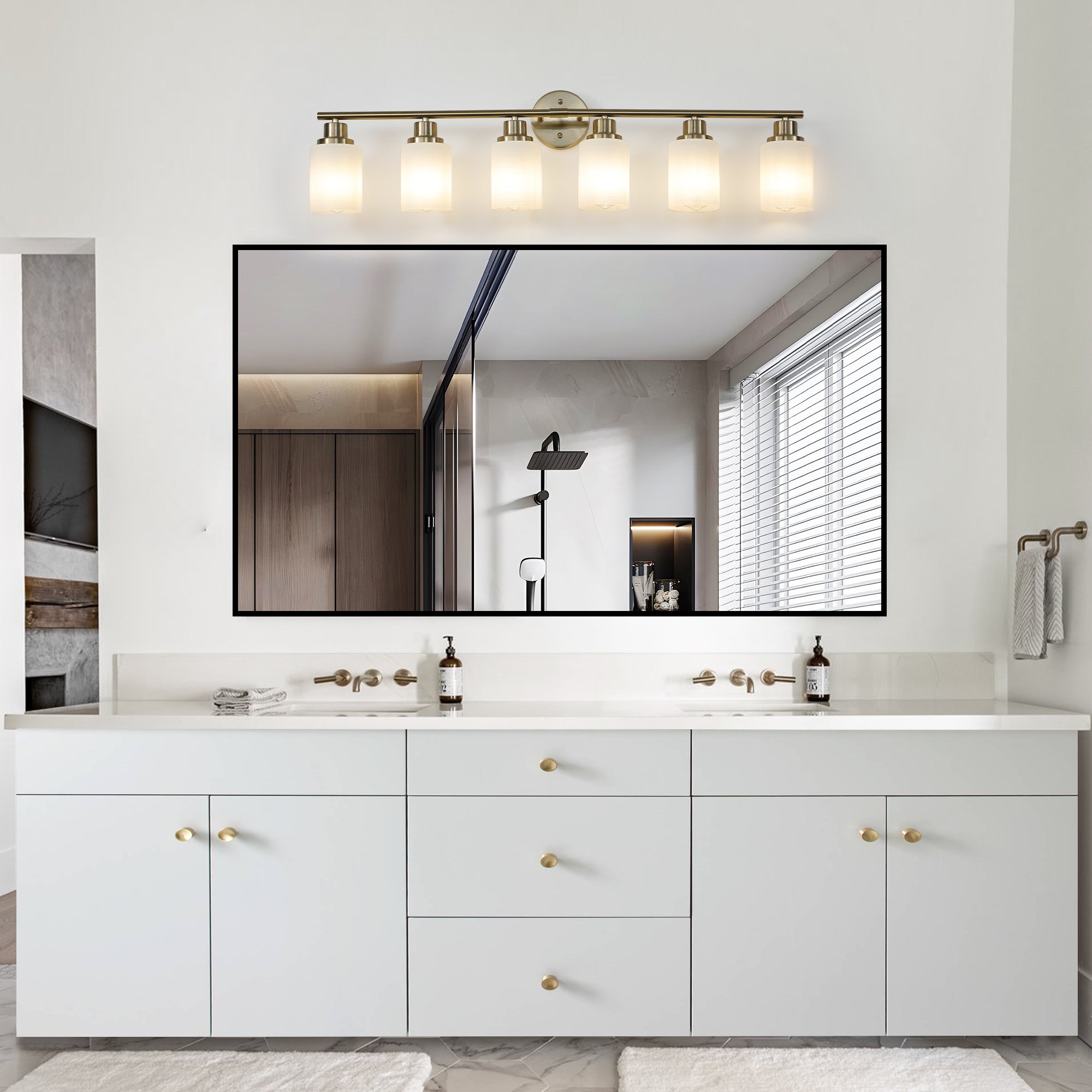 Jandcase Golden Modern Minimalist Bathroom Vanity Light, 6-Light Wall Sconce, Iron & Glass, E26 Base, Hard-Wired (Bulbs Not Included)