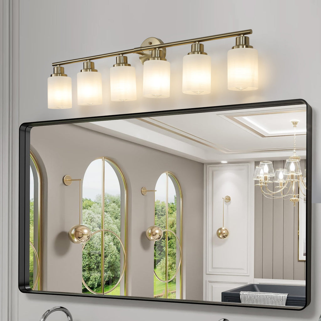 Jandcase Golden Modern Minimalist Bathroom Vanity Light, 6-Light Wall Sconce, Iron & Glass, E26 Base, Hard-Wired (Bulbs Not Included)