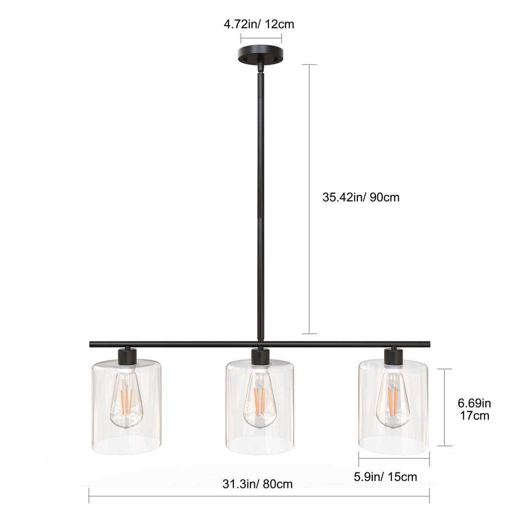 Jandcase Modern 3-Light Kitchen Island Pendant Light, Black Ceiling Fixture with Clear Glass Shades, E26 Hanging Rod Chandelier for Dining Room Kitchen Island