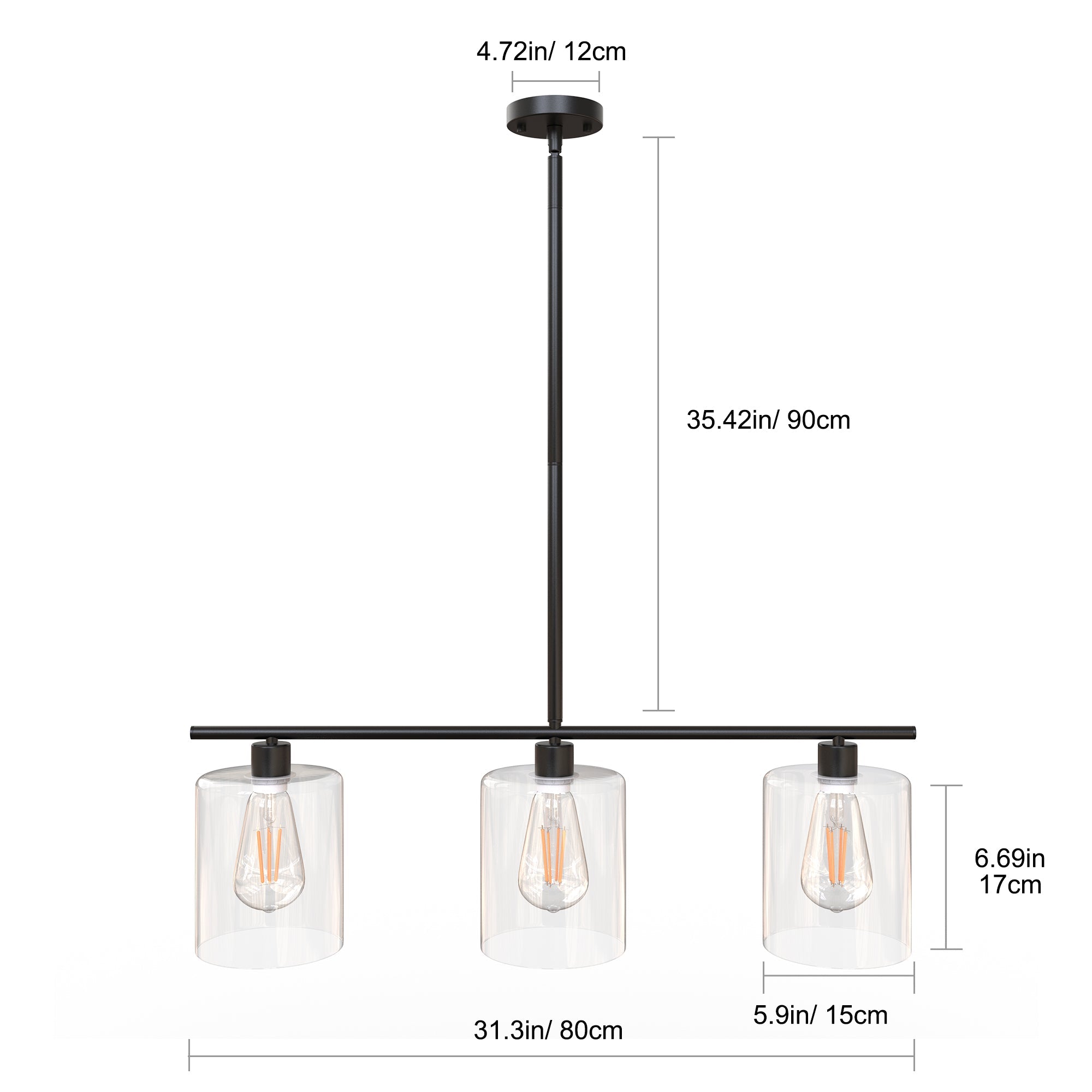 Jandcase Modern 3-Light Kitchen Island Pendant Light, Black Ceiling Fixture with Clear Glass Shades, E26 Hanging Rod Chandelier for Dining Room Kitchen Island