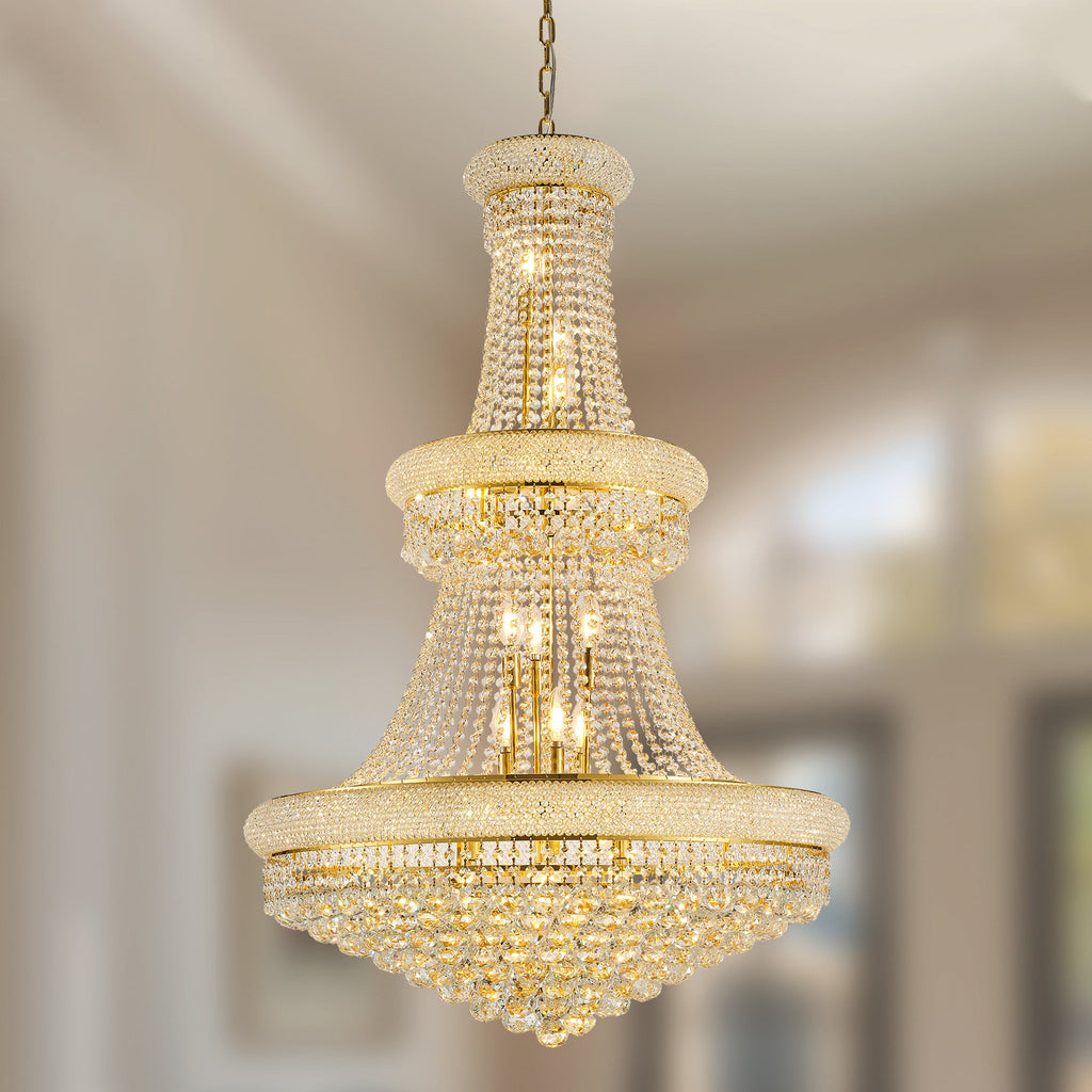 Jandcase 32in.Gold Crystal Chandelier 27-Light French Empire LED Bulbs Included Adjustable Chain 3000K Warm Light for Living Room Dining Room Foyer