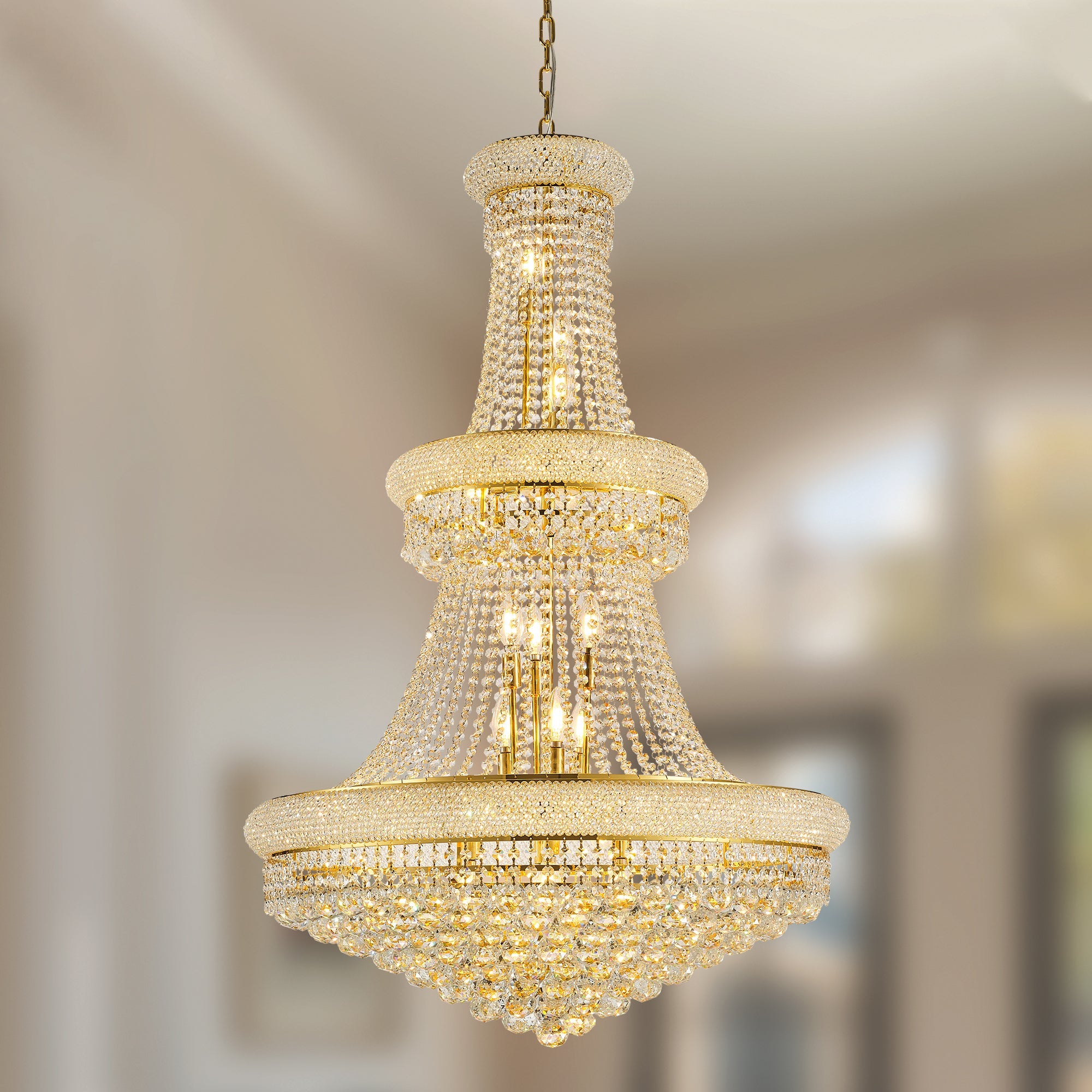 Jandcase 32in.Gold Crystal Chandelier 27-Light French Empire LED Bulbs Included Adjustable Chain 3000K Warm Light for Living Room Dining Room Foyer
