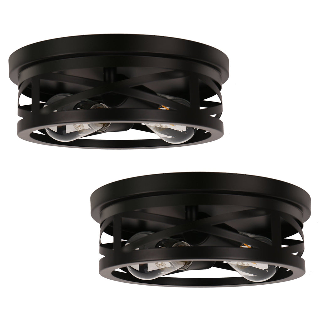 Jandcase 11 in. Black Industrial Metal Frame Flush Mount Ceiling Light with Drum Metal Cage Shade E26 Base (Bulbs Not Included)