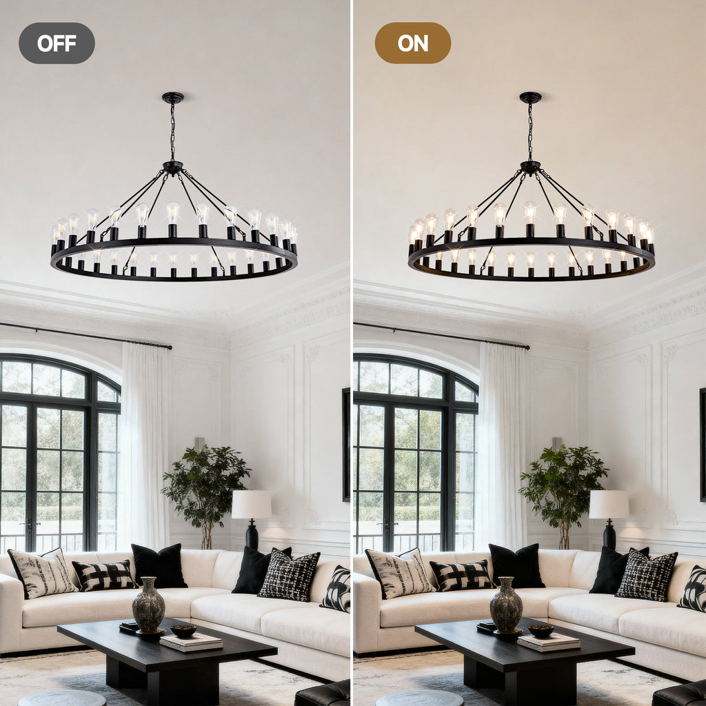 Jandcase 64in. Matte Black Wagon Wheel Chandelier 30-Light E26 Farmhouse Industrial Pendant Light for High Ceiling Dining Room (No Bulbs)