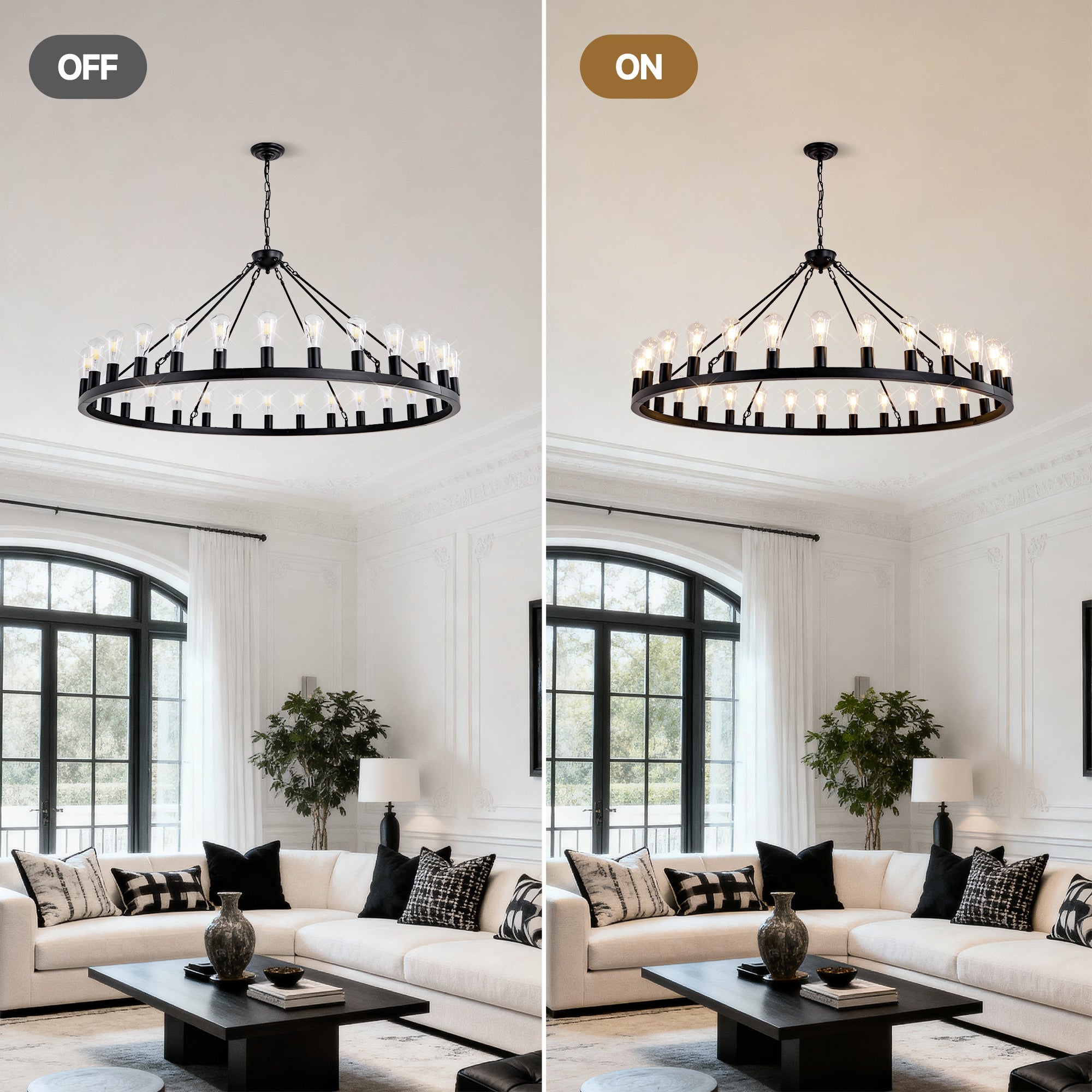 Jandcase 64in. Matte Black Wagon Wheel Chandelier 30-Light E26 Farmhouse Industrial Pendant Light for High Ceiling Dining Room (No Bulbs)